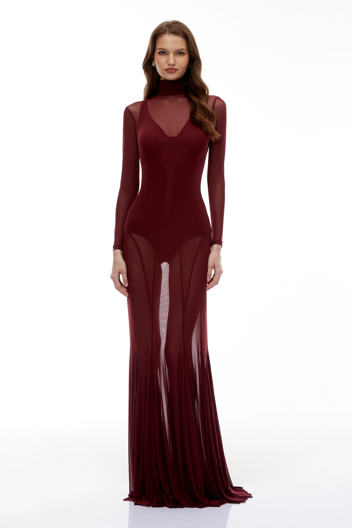 Ofra Burgundy Mesh Bodysuit Dress Set