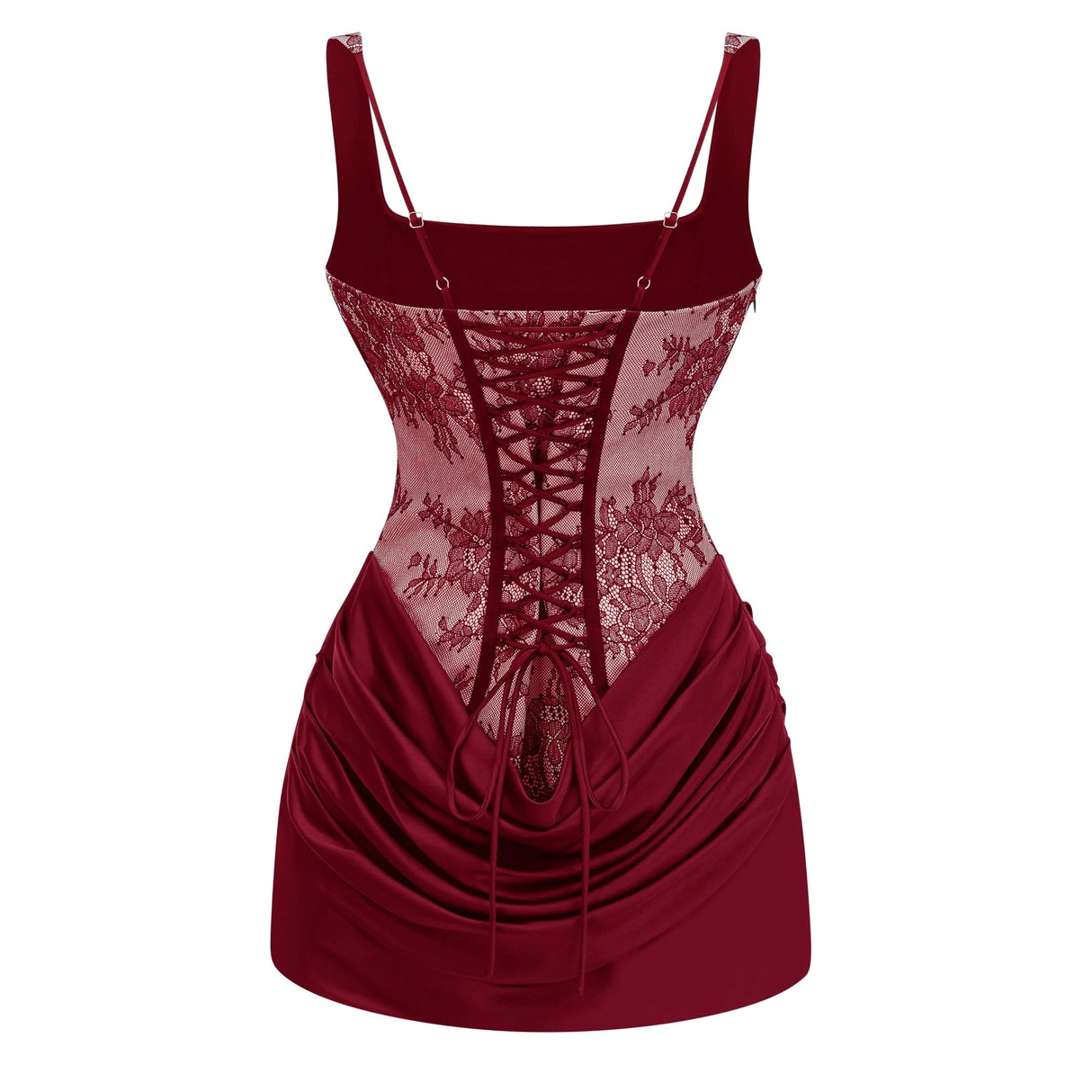 Olesya Red Ruched Mini Dress with Lace Panels