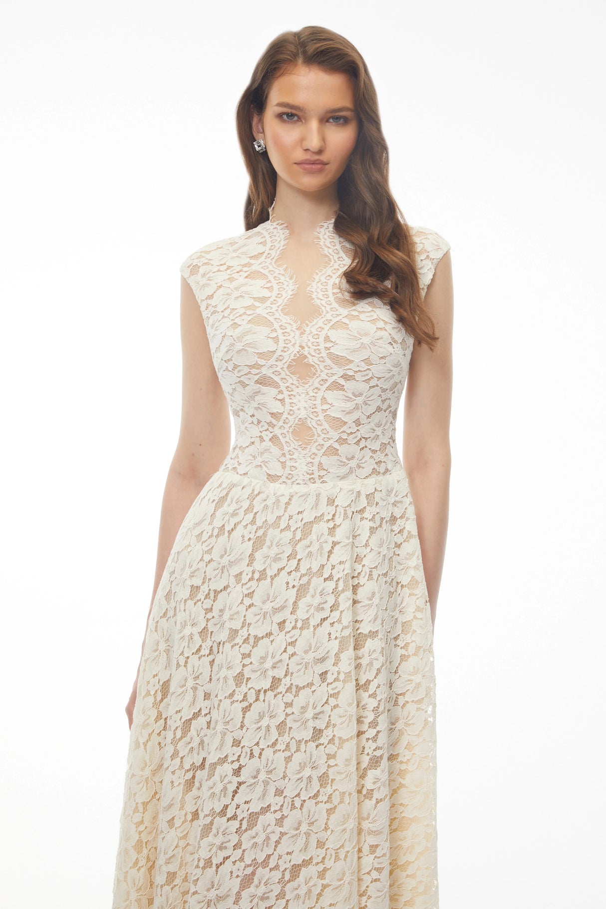 Oliana Ivory Lace Maxi Gown with Cap Sleeves
