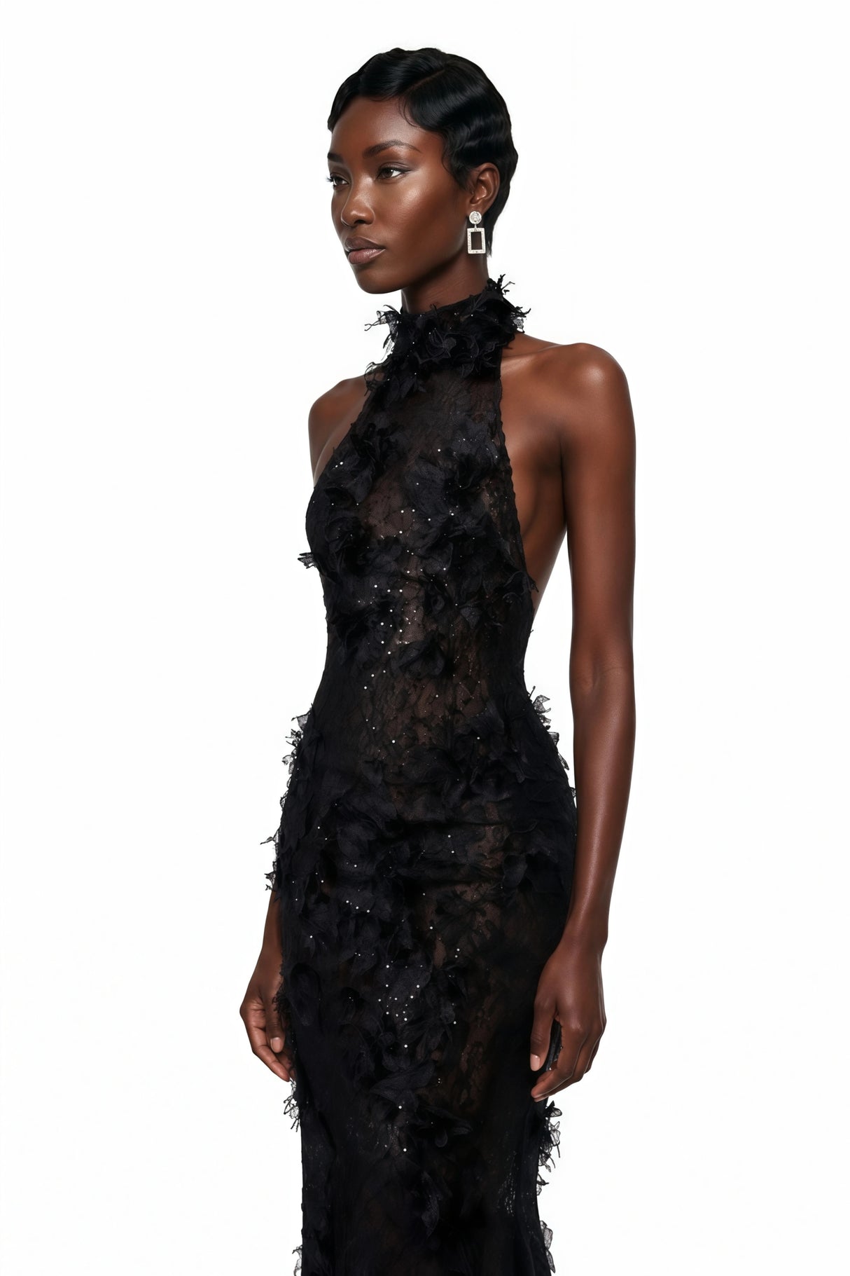Olinda Black 3D Floral Backless Maxi Dress