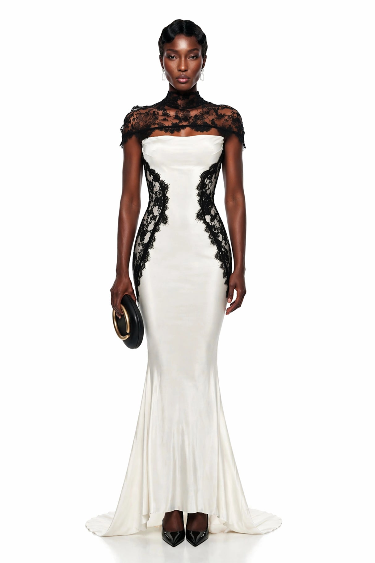 Olinda White Lace Panel Maxi Dress with Cape