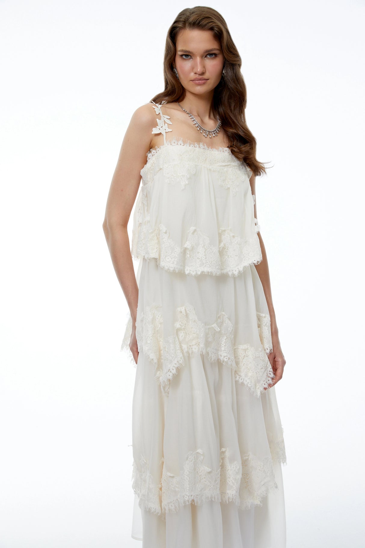 Olivia Neutral 3D Floral Applique Tiered Lace Midi Dress