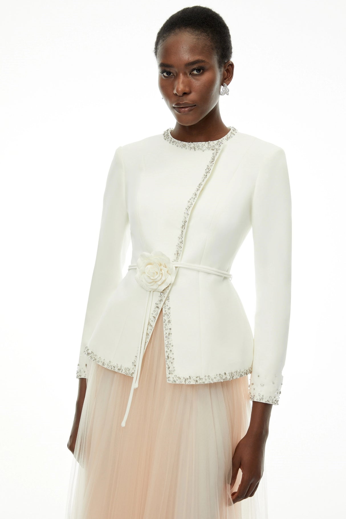 Olivia White Embellished Tulle Top Pleated Skirt Set