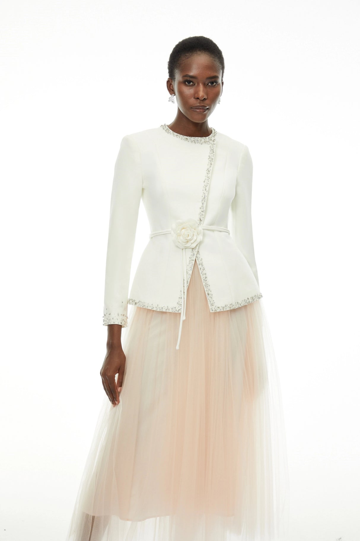 Olivia White Embellished Tulle Top Pleated Skirt Set