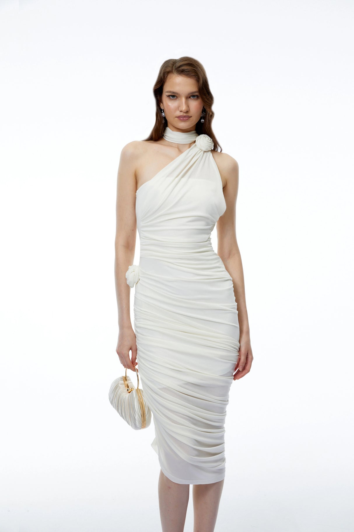 Olivia White Halterneck Ruched Midi Dress with 3D Florals
