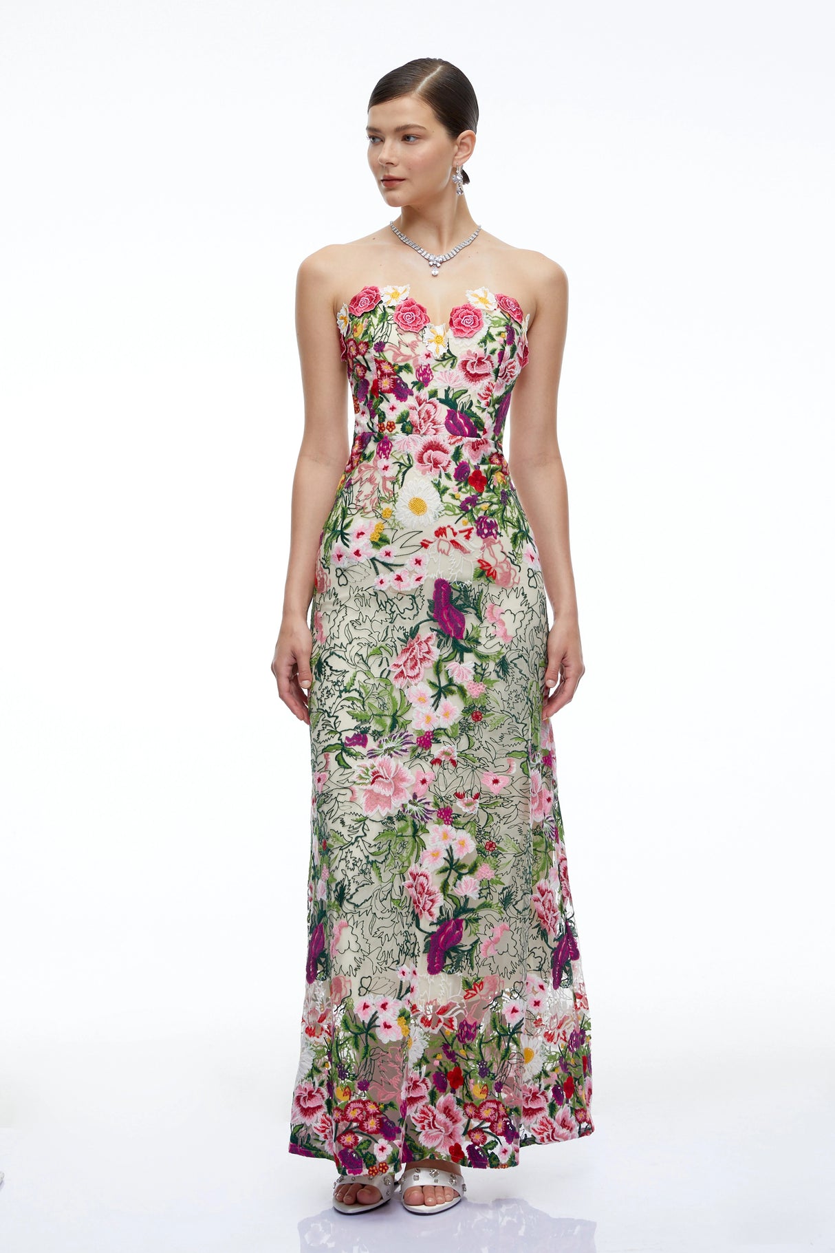 Oliwia Pink Off Shoulder Floral Embroidered Maxi Dress