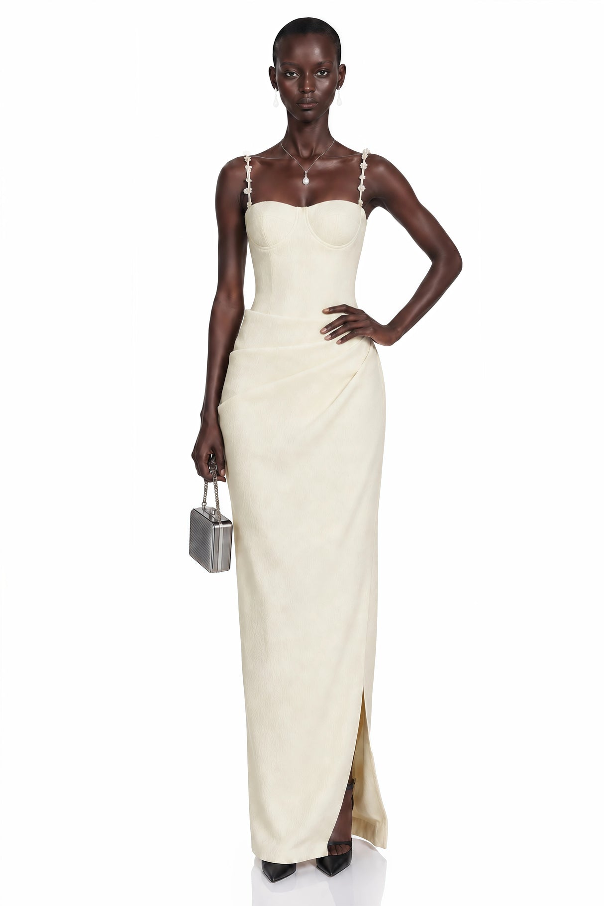 Olympia Cream White Maxi Dress with 3D Floral Straps
