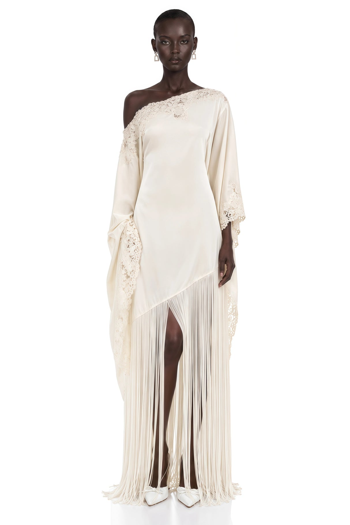 Ombeline White Asymmetrical Maxi Dress with Fringe