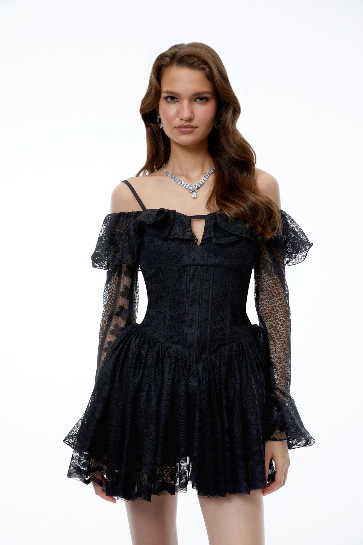 Omphale Black Floral Lace Ruffled Mini Dress