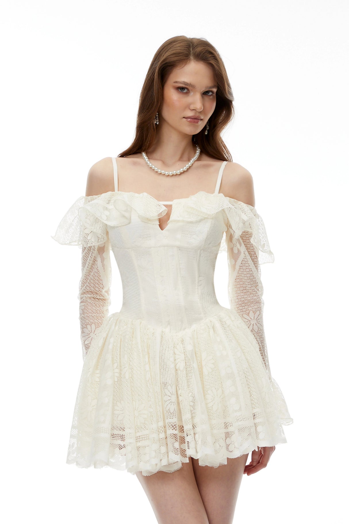 Omphale Neutral Floral Lace Ruffled Mini Dress
