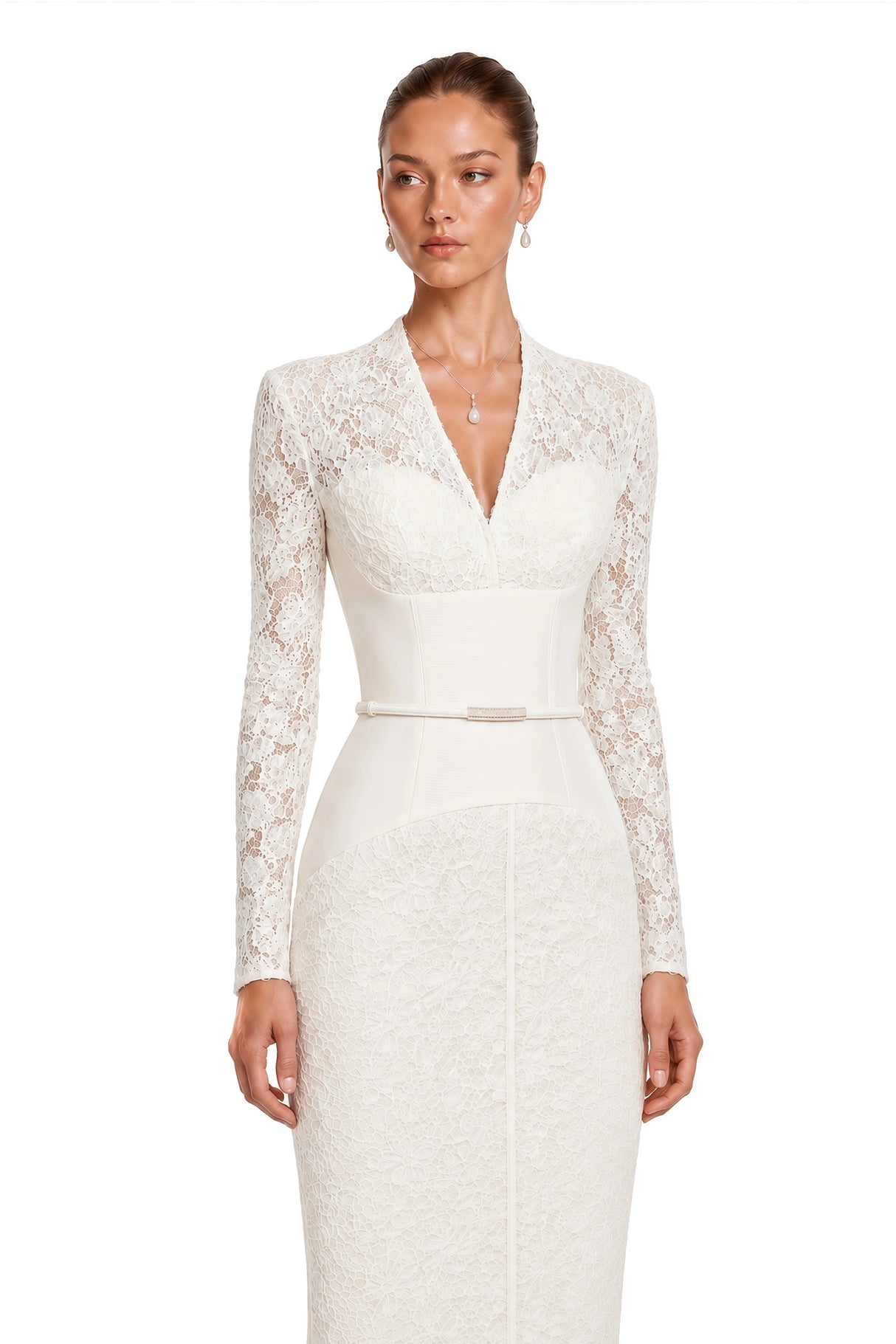 Oona White Floral Lace Pencil Midi Dress