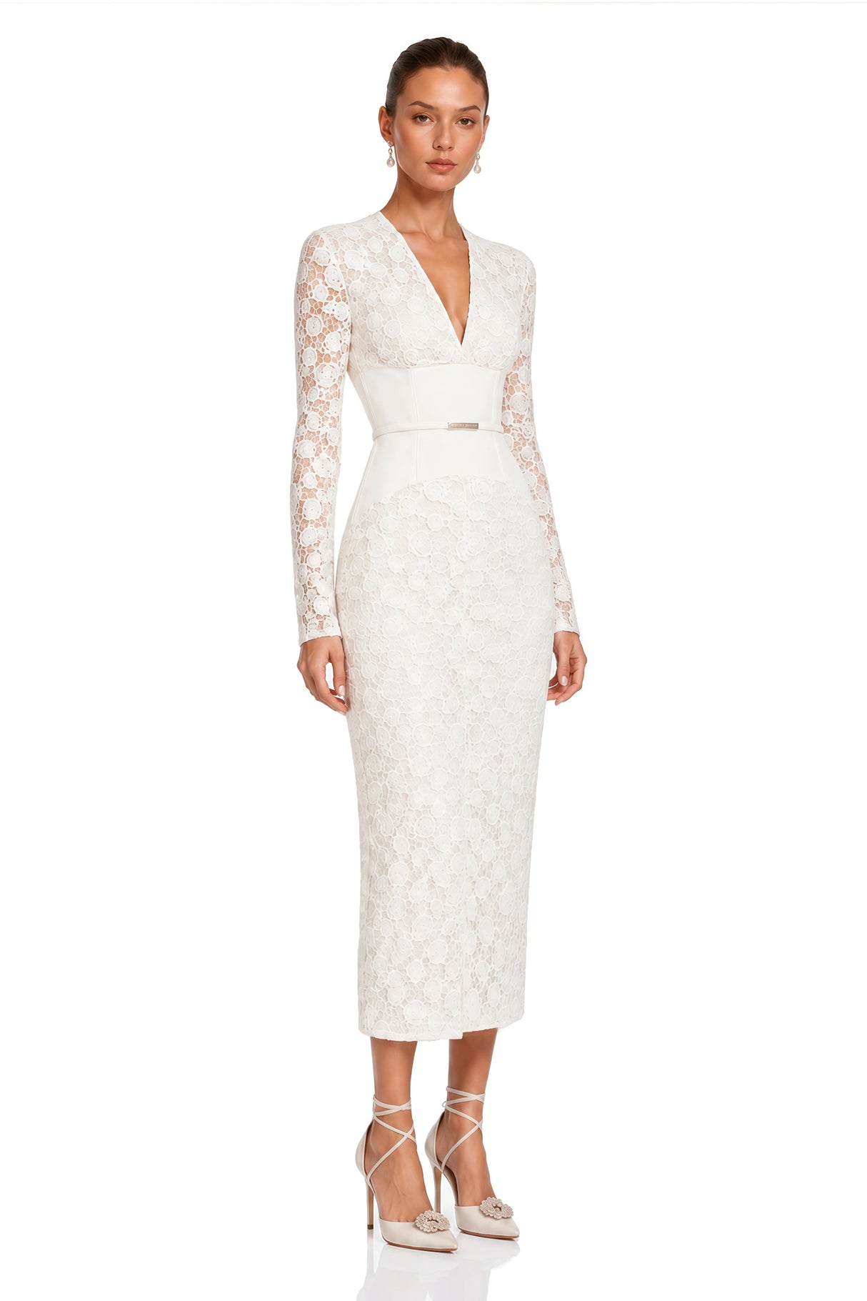 Oona White Floral Lace Pencil Midi Dress