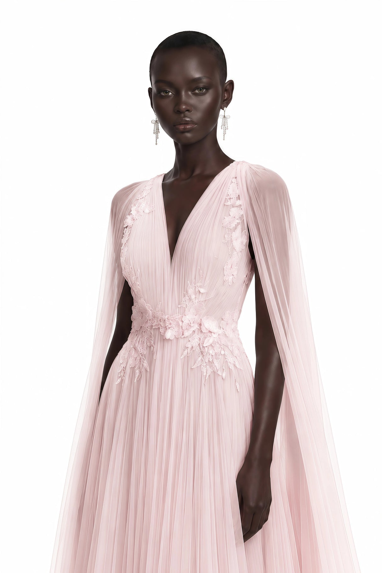 Ophelia Pink Mesh Ruched Maxi Dress with Cape