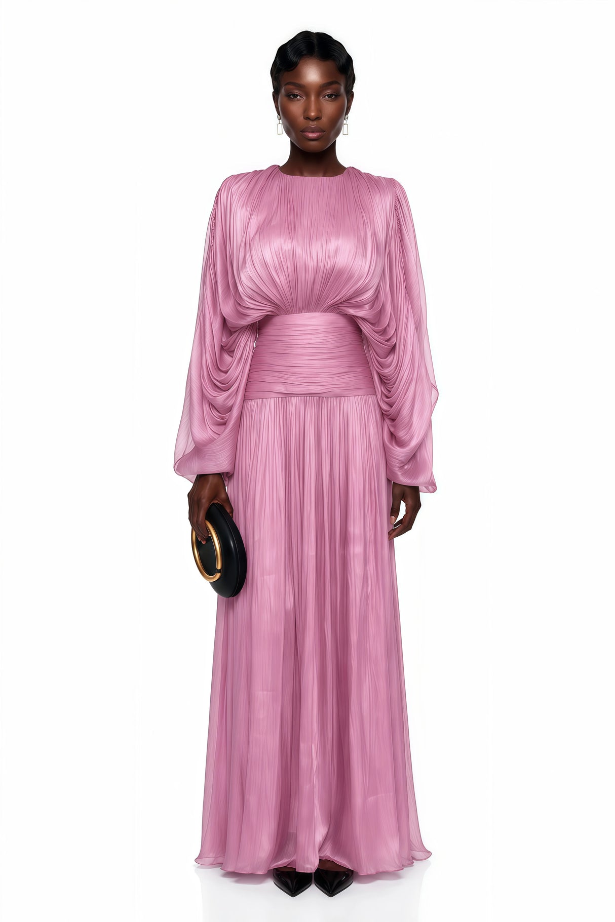 Ophelia Pink Pleated Glossy Maxi Dress