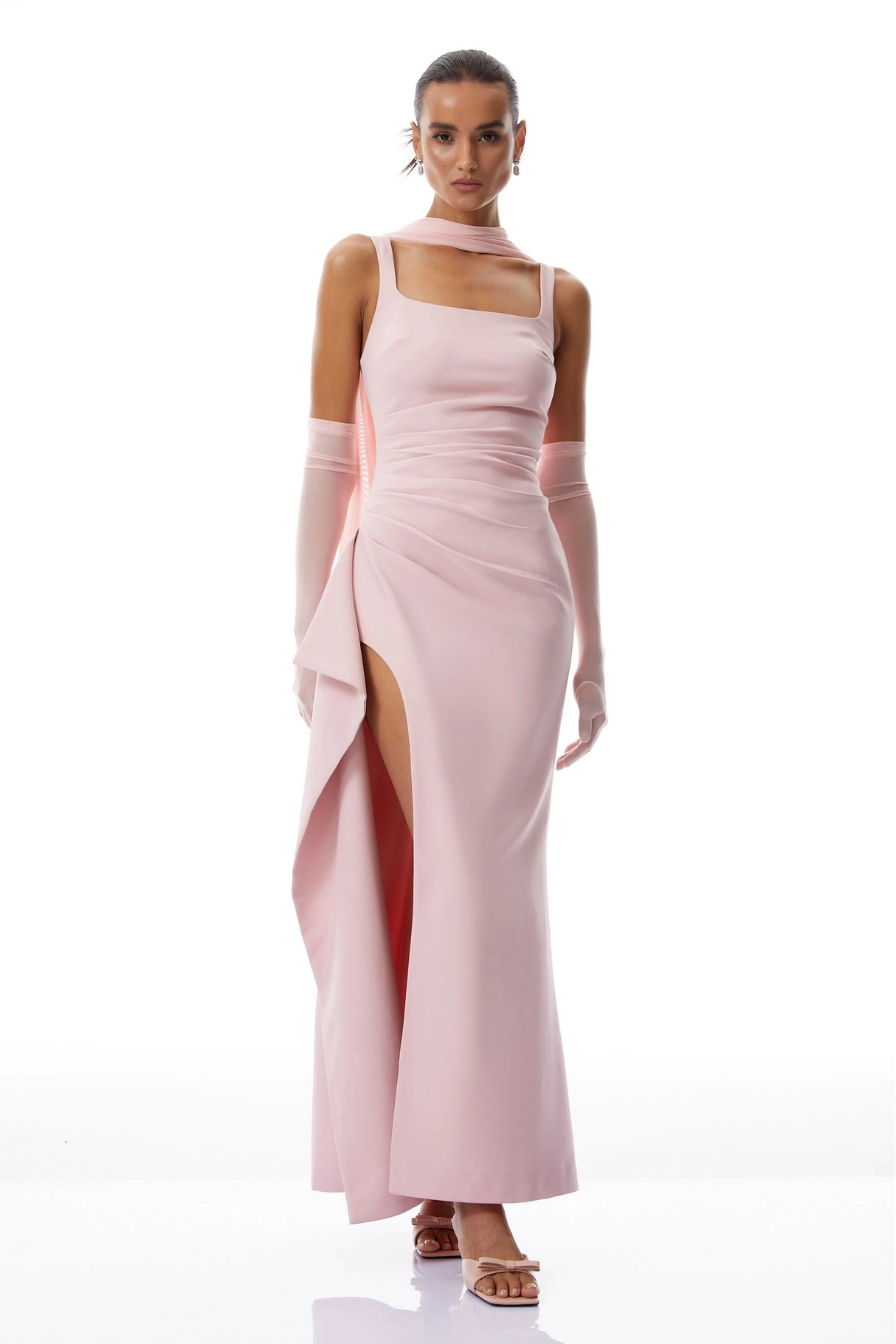 Ophélie Pink Scarf Detail Gathered Maxi Dress