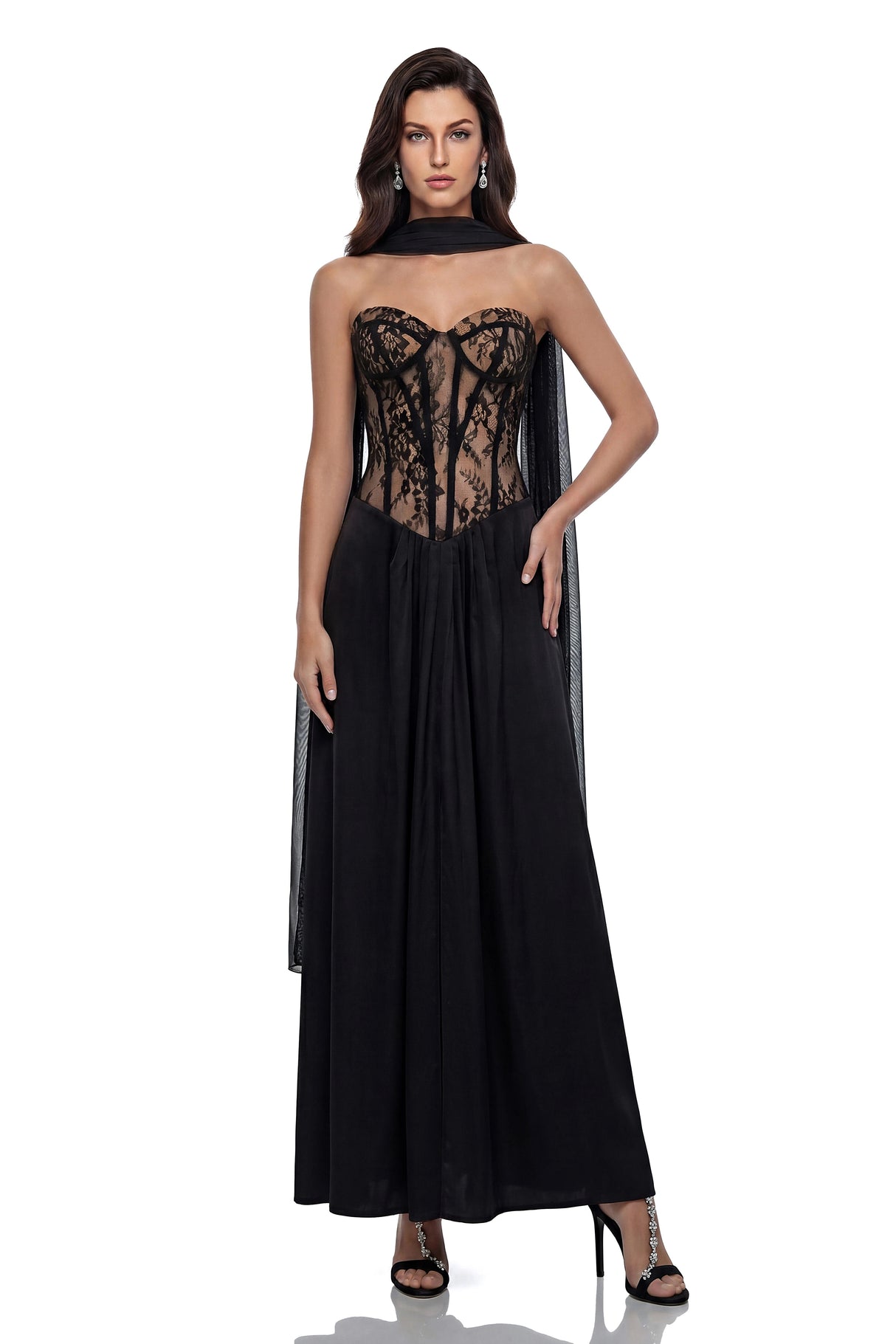 Oria Black SemiSheer Lace Panel Maxi Dress