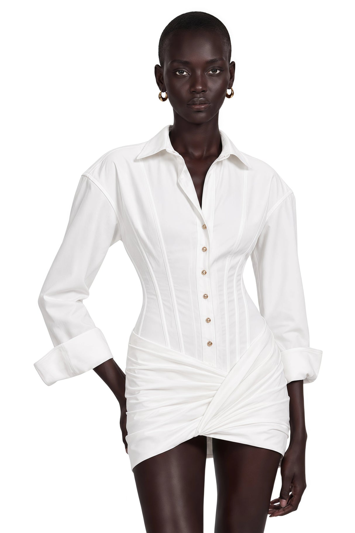 Orlane White CinchedWaist Pleated Mini Shirt Dress