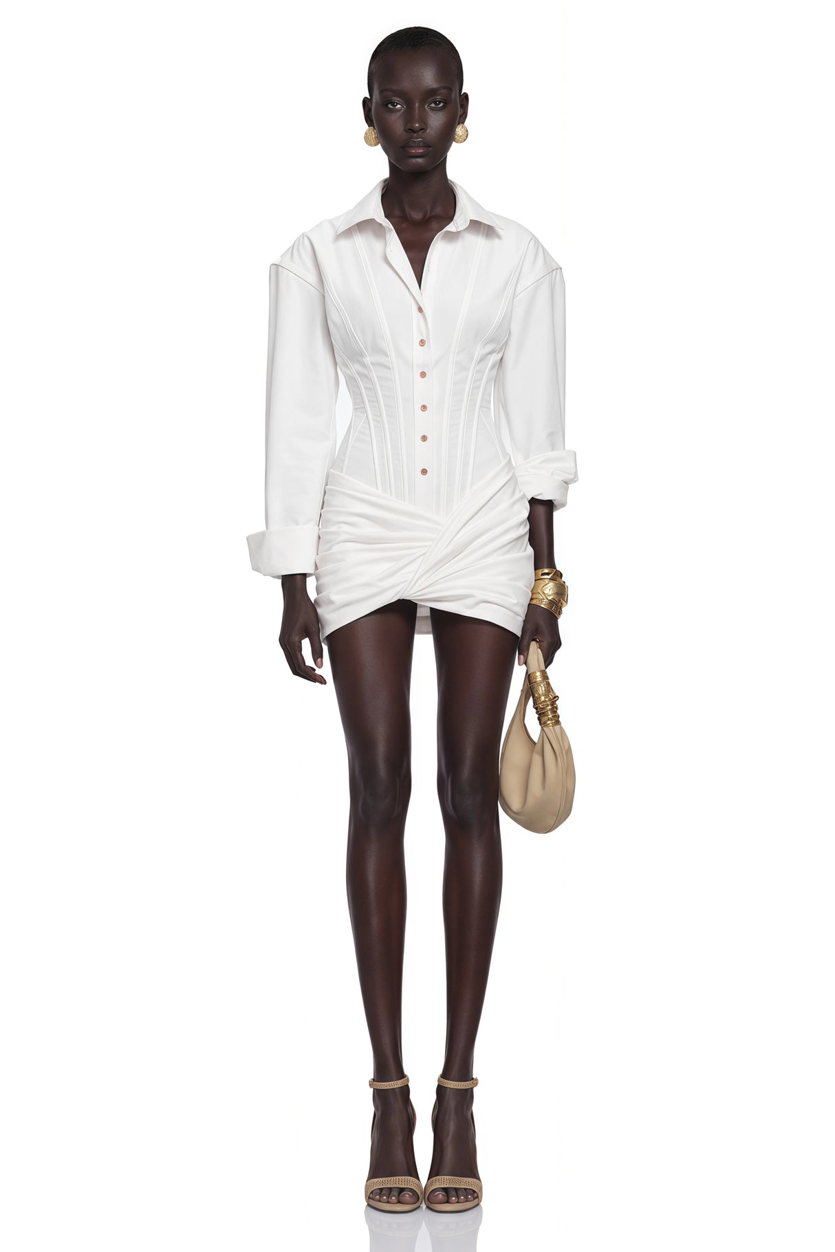 Orlane White CinchedWaist Pleated Mini Shirt Dress