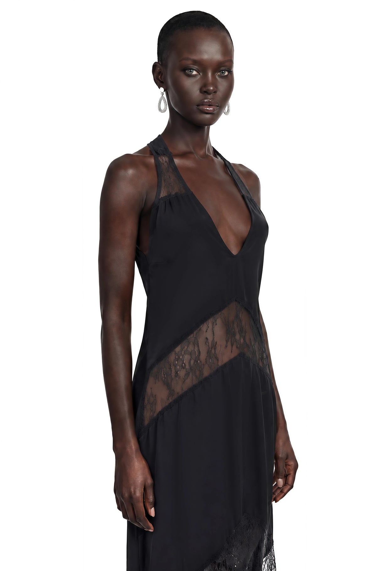 Otago Black Halterneck Maxi Dress with Lace Panels