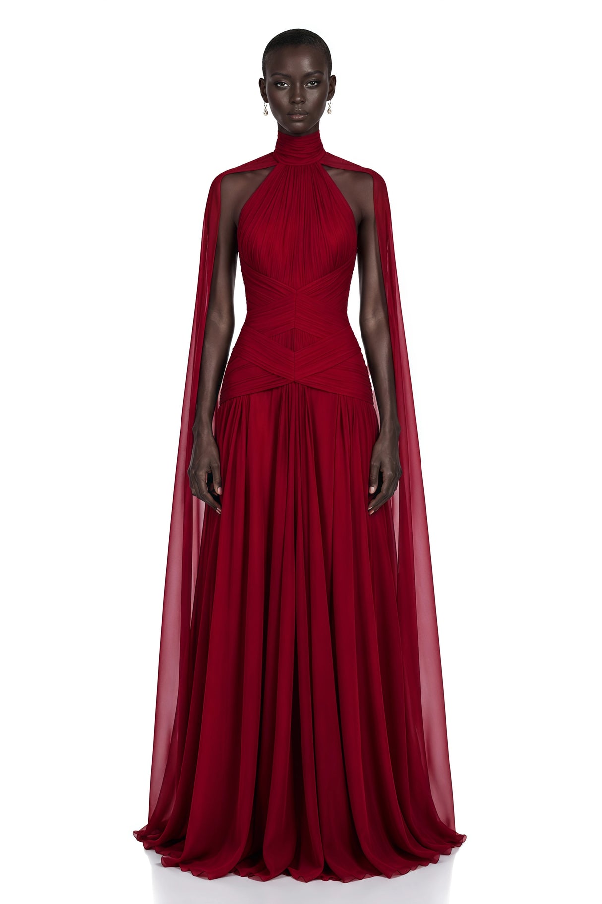 Paea Burgundy Turtleneck Pleated Maxi Dress with Cape
