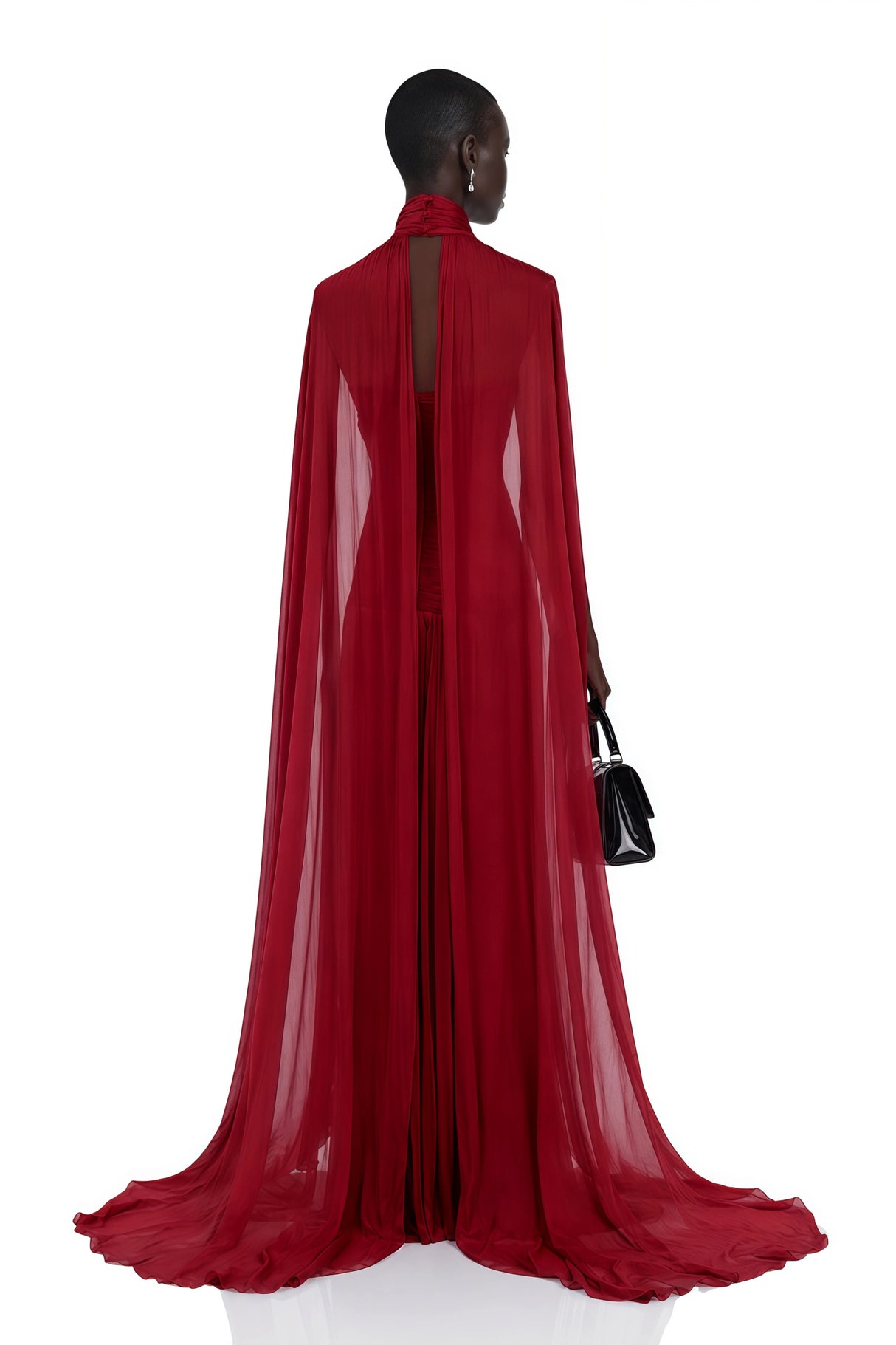 Paea Burgundy Turtleneck Pleated Maxi Dress with Cape