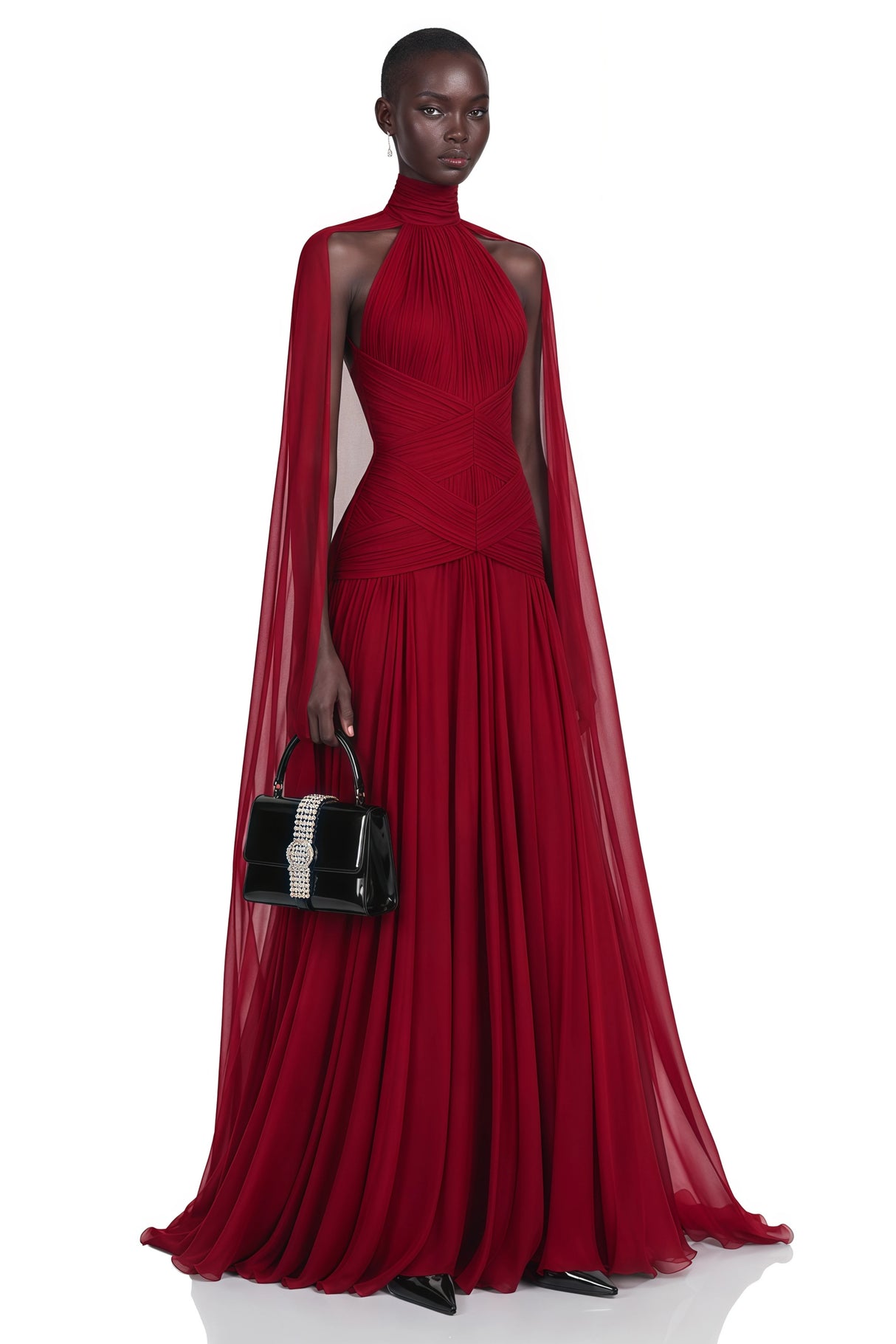Paea Burgundy Turtleneck Pleated Maxi Dress with Cape