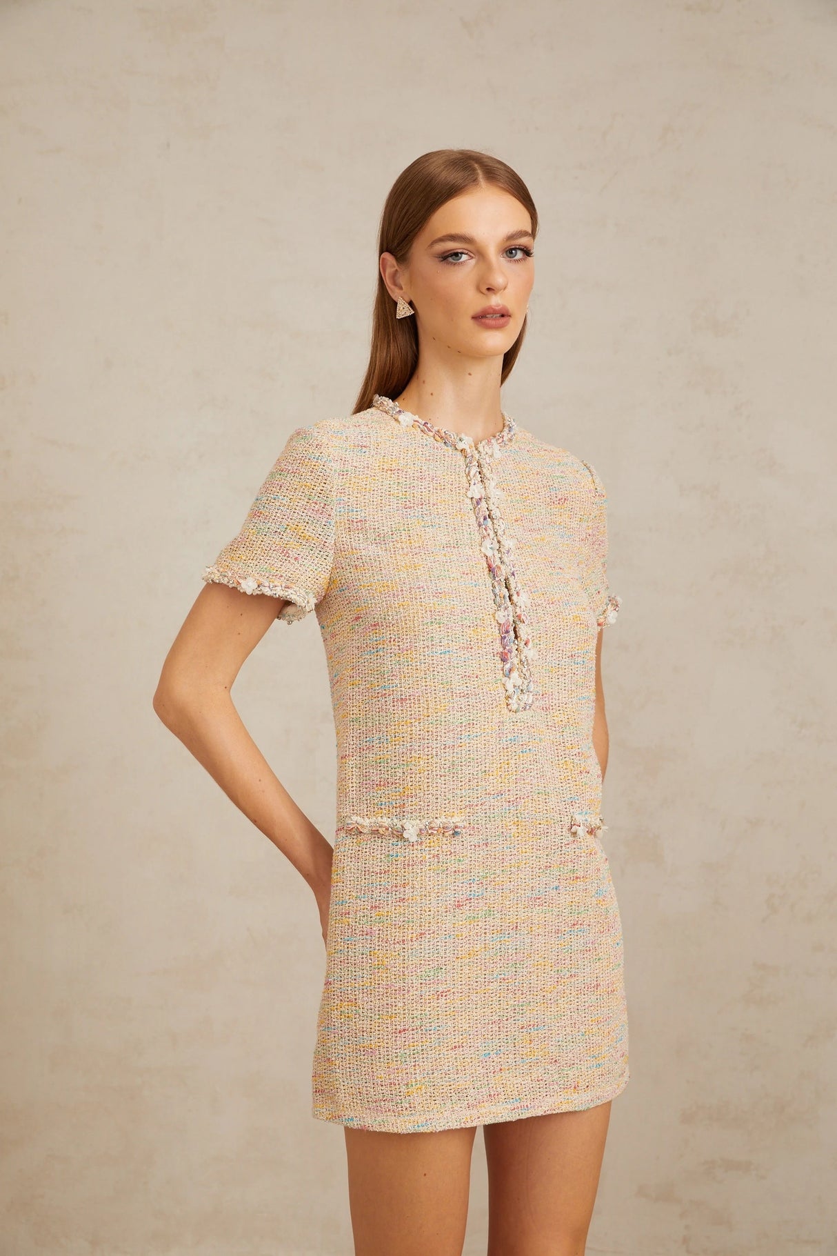 Palme Neutral Embellished Crochet Knit Mini Dress