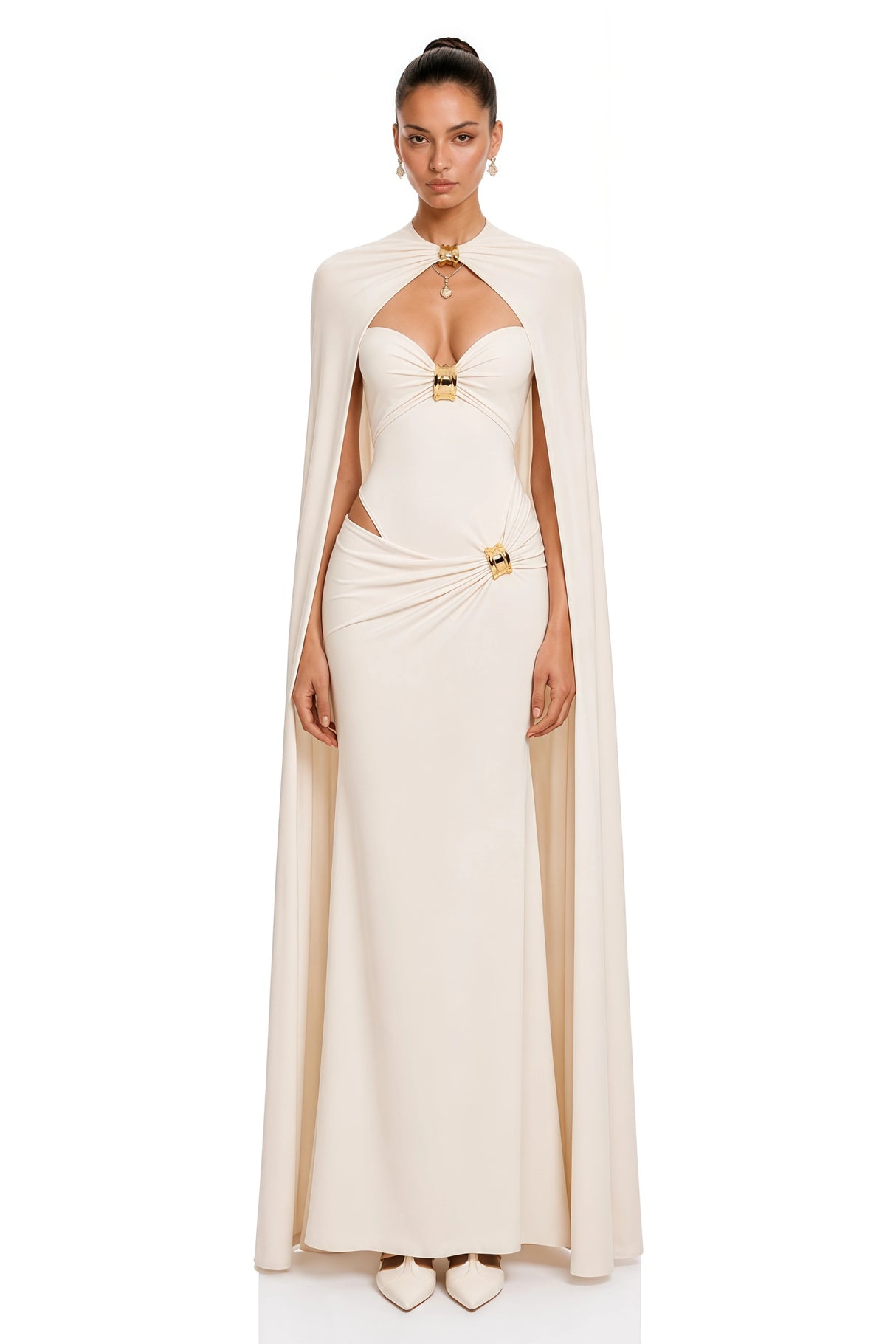 Patricie White Ruched Maxi Dress Cape Set with Metal Hardware