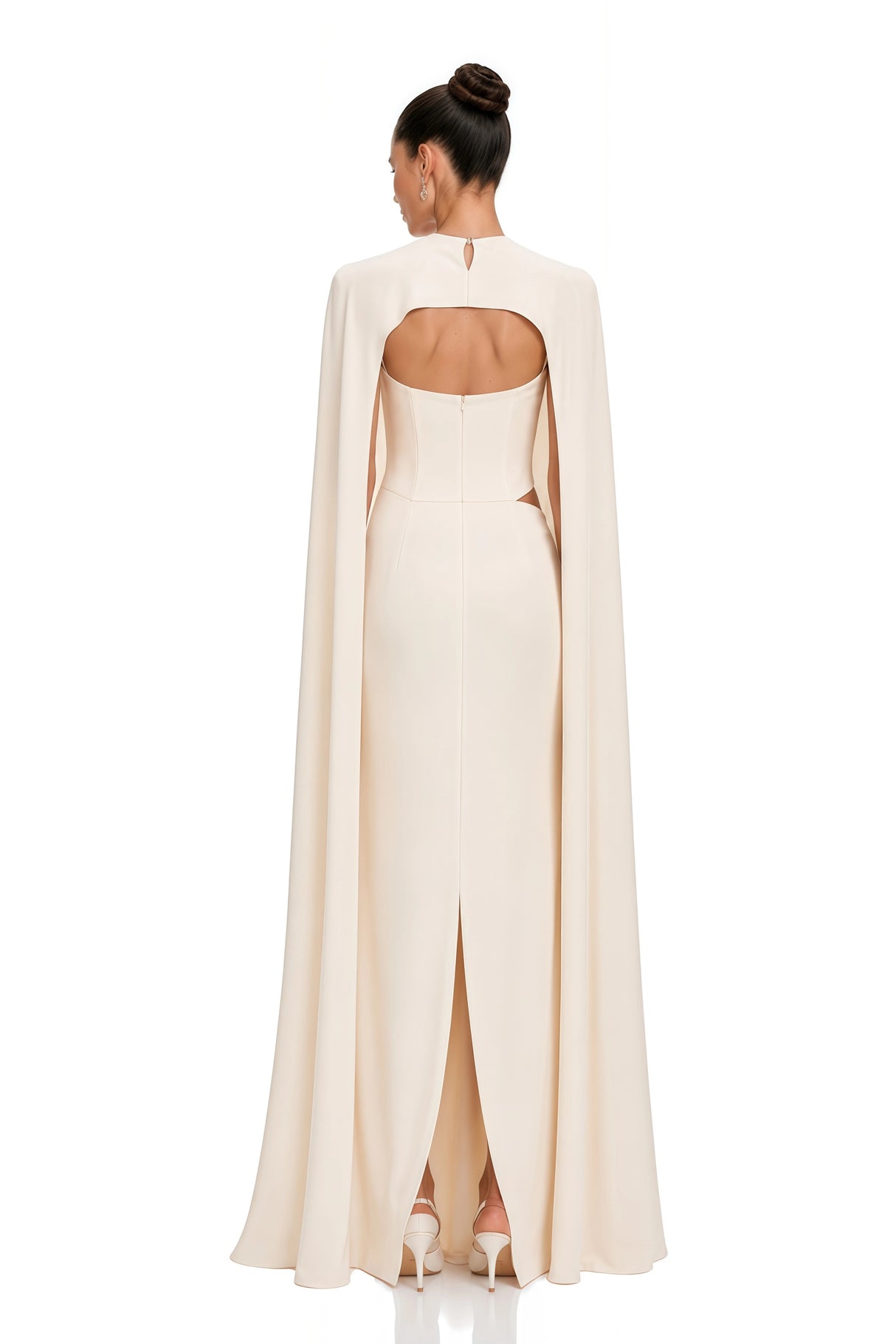 Patricie White Ruched Maxi Dress Cape Set with Metal Hardware