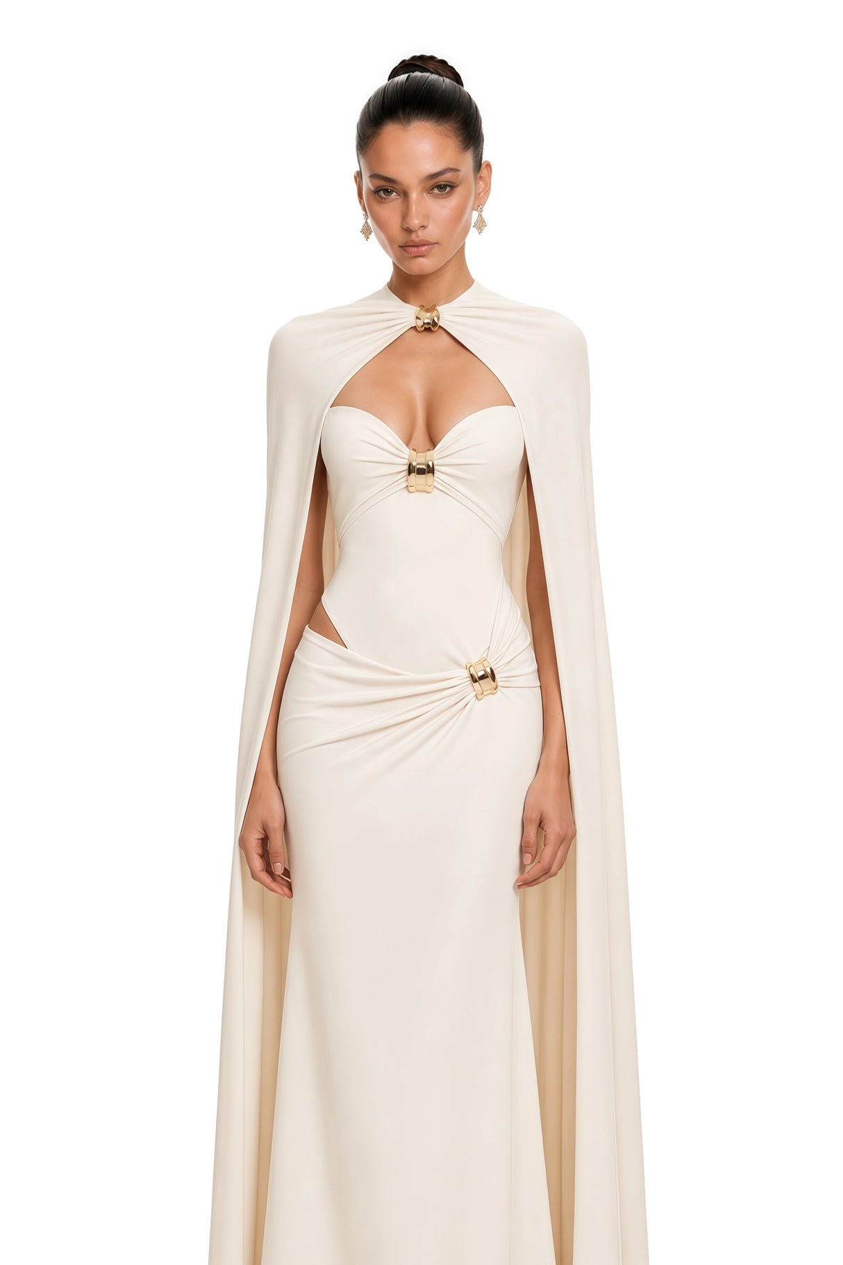 Patricie White Ruched Maxi Dress Cape Set with Metal Hardware