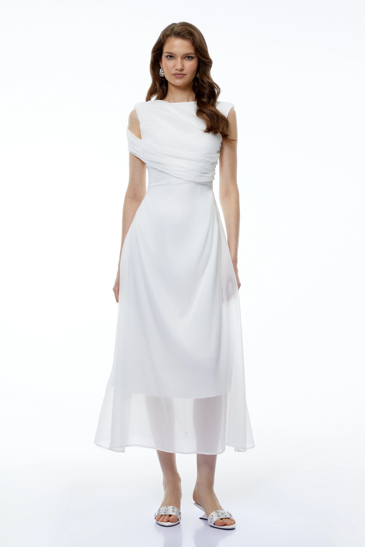 Penelope White Asymmetrical Sleeveless Maxi Dress