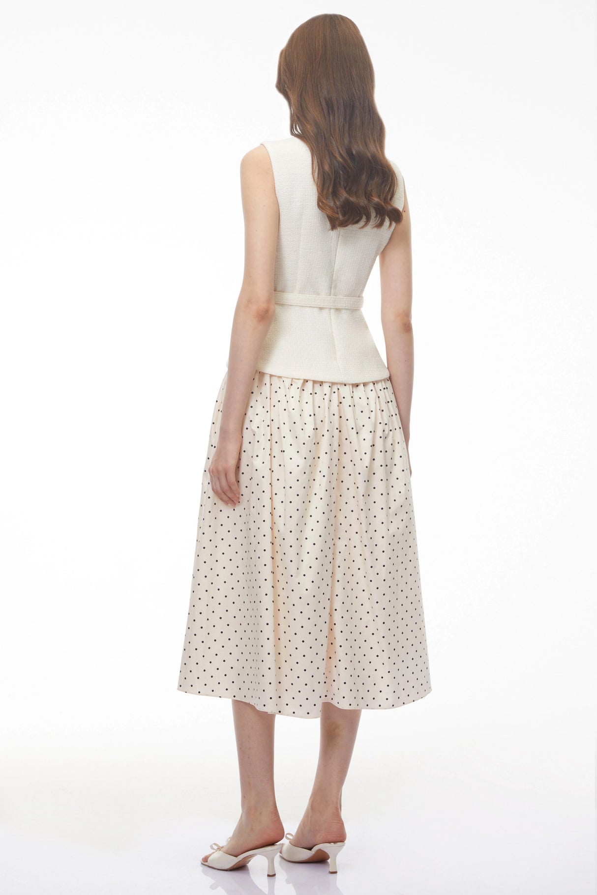 Pernilla White Sleeveless Polka Dot Midi Dress with Panels
