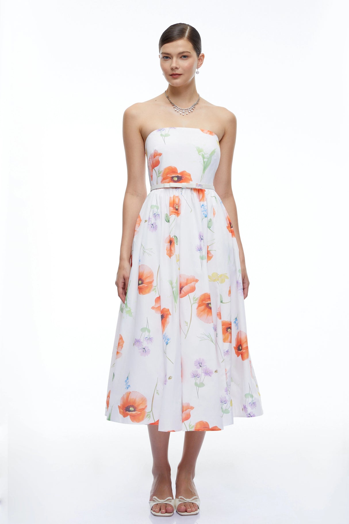 Petronilla White Floral Strapless Midi Dress