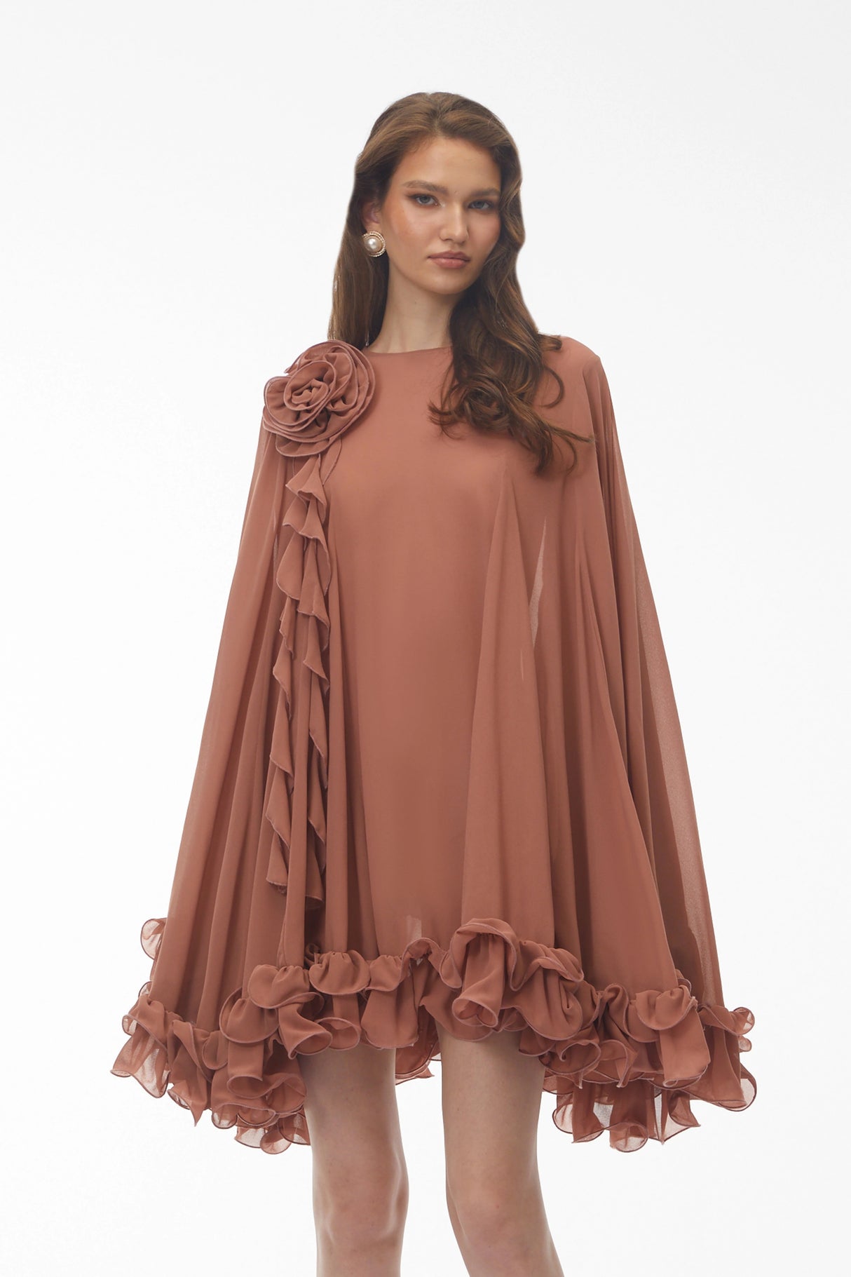 Philippa Terracotta Mini Dress with 3D Florals