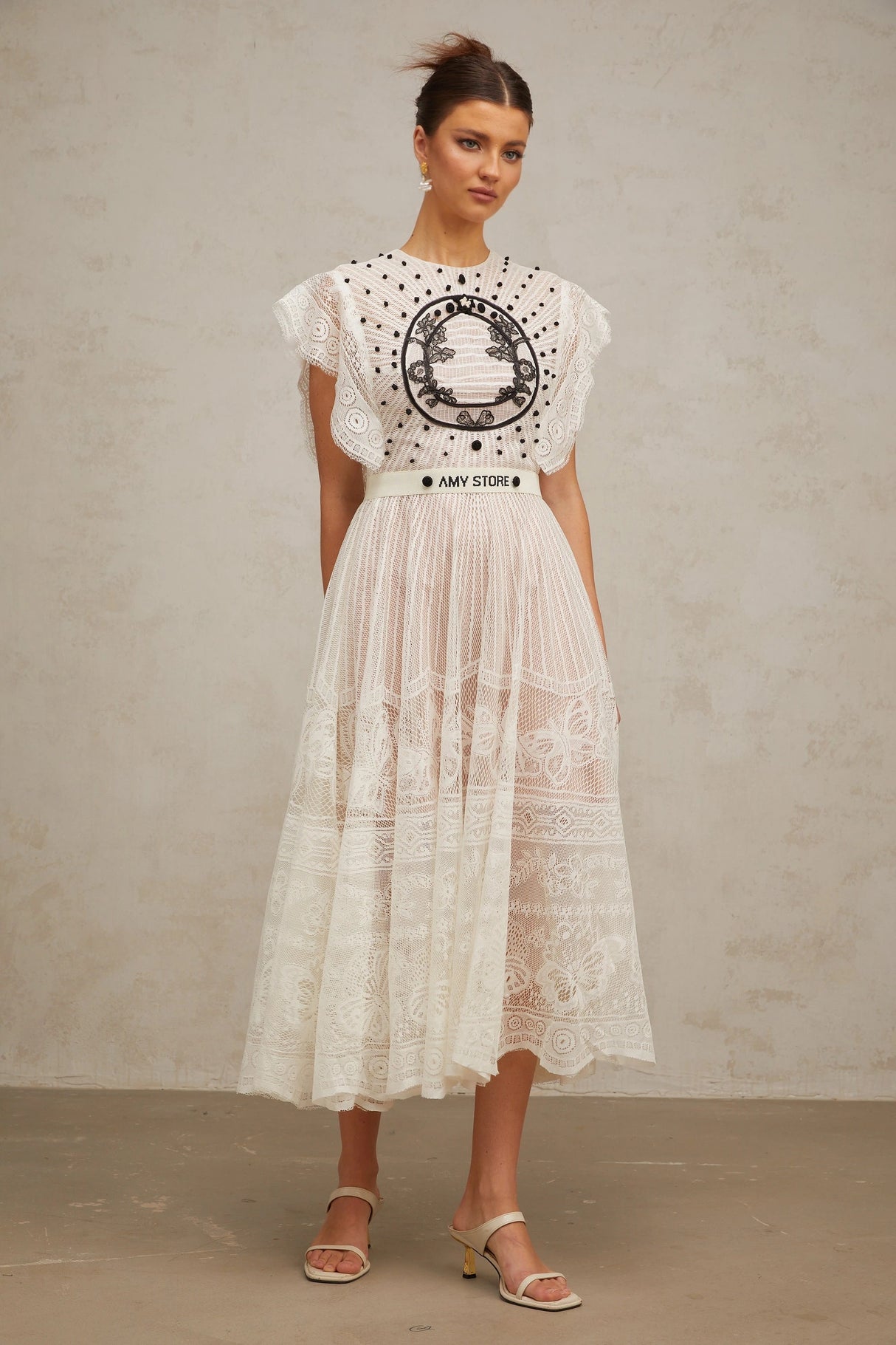 Phoebe White Jacquard Florallace Pleated Midi Dress