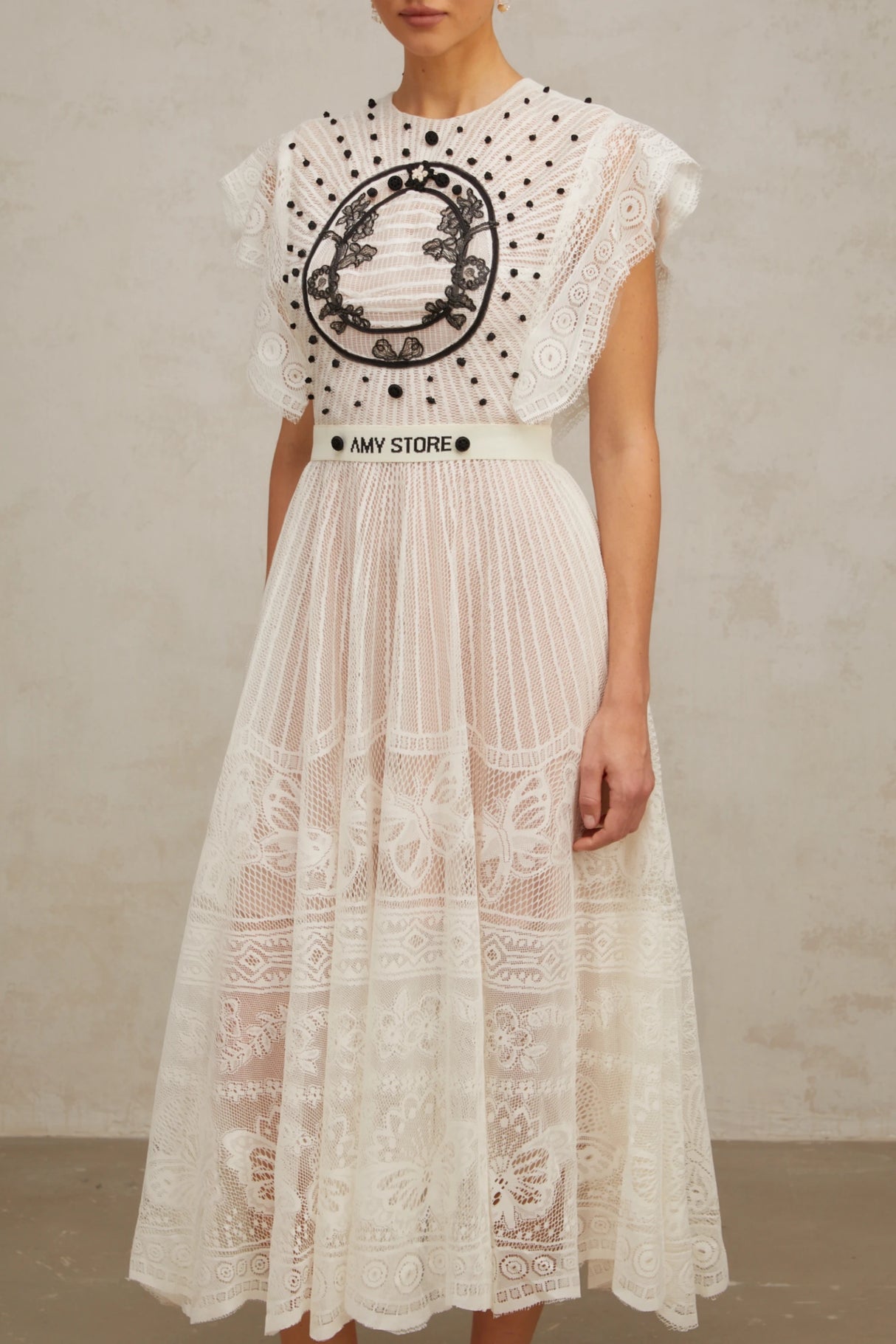 Phoebe White Jacquard Florallace Pleated Midi Dress