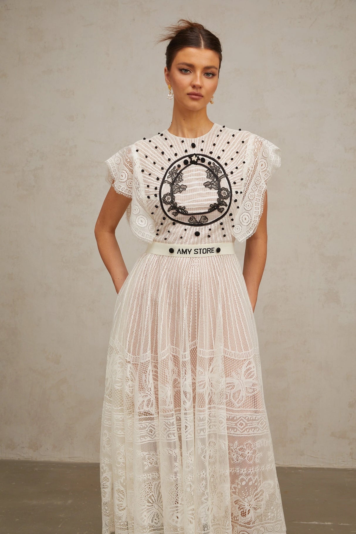 Phoebe White Jacquard Florallace Pleated Midi Dress