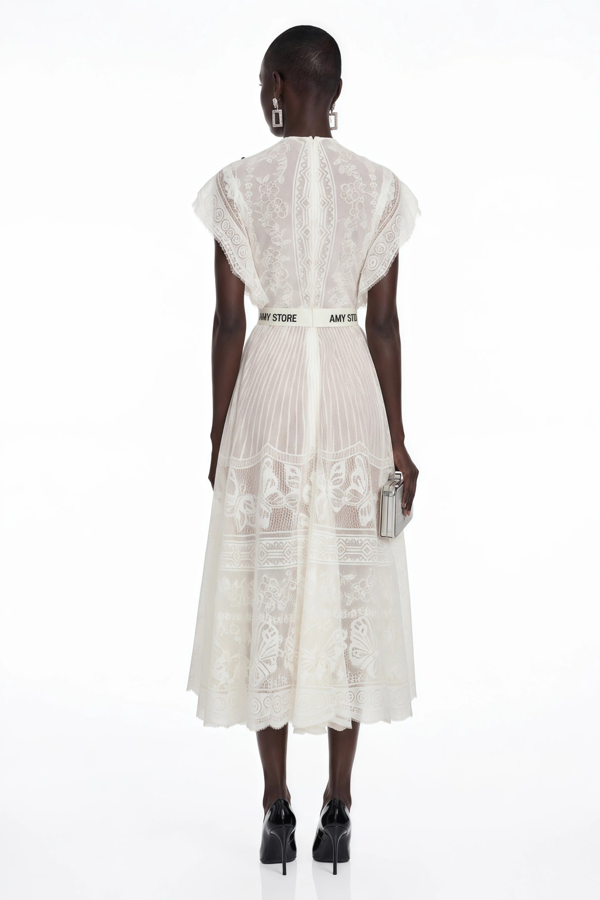 Phoebe White Jacquard Florallace Pleated Midi Dress
