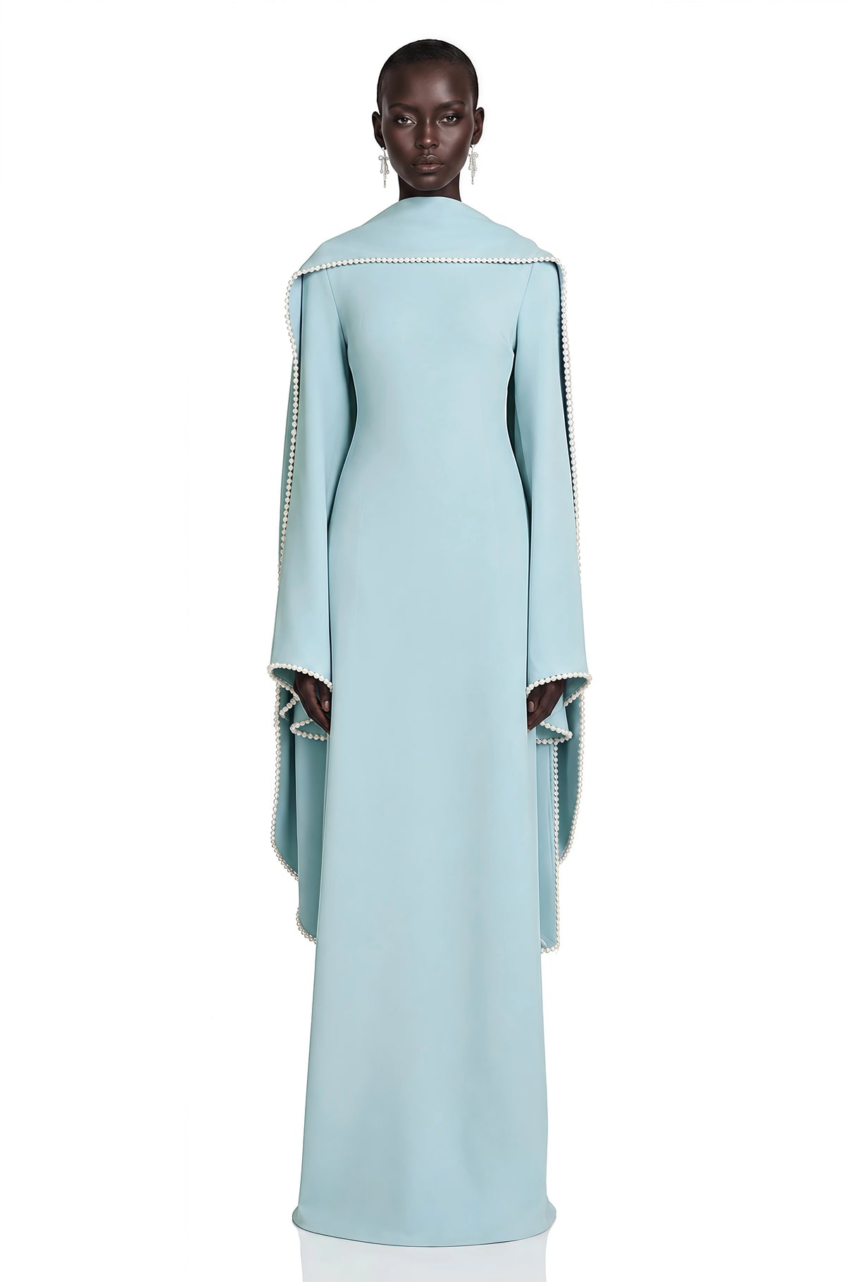 Piroska Blue Pearl Trim Shawl Detail Maxi Dress