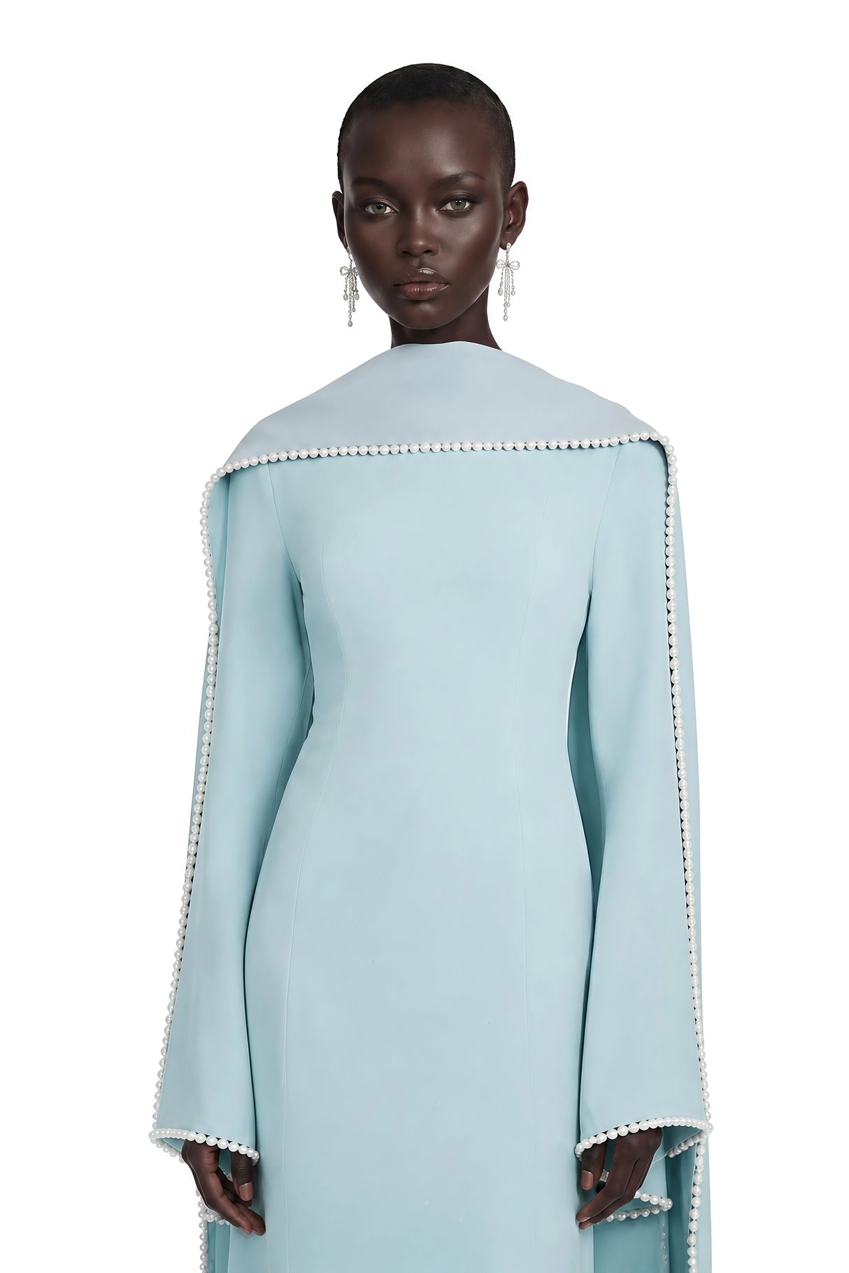 Piroska Blue Pearl Trim Shawl Detail Maxi Dress