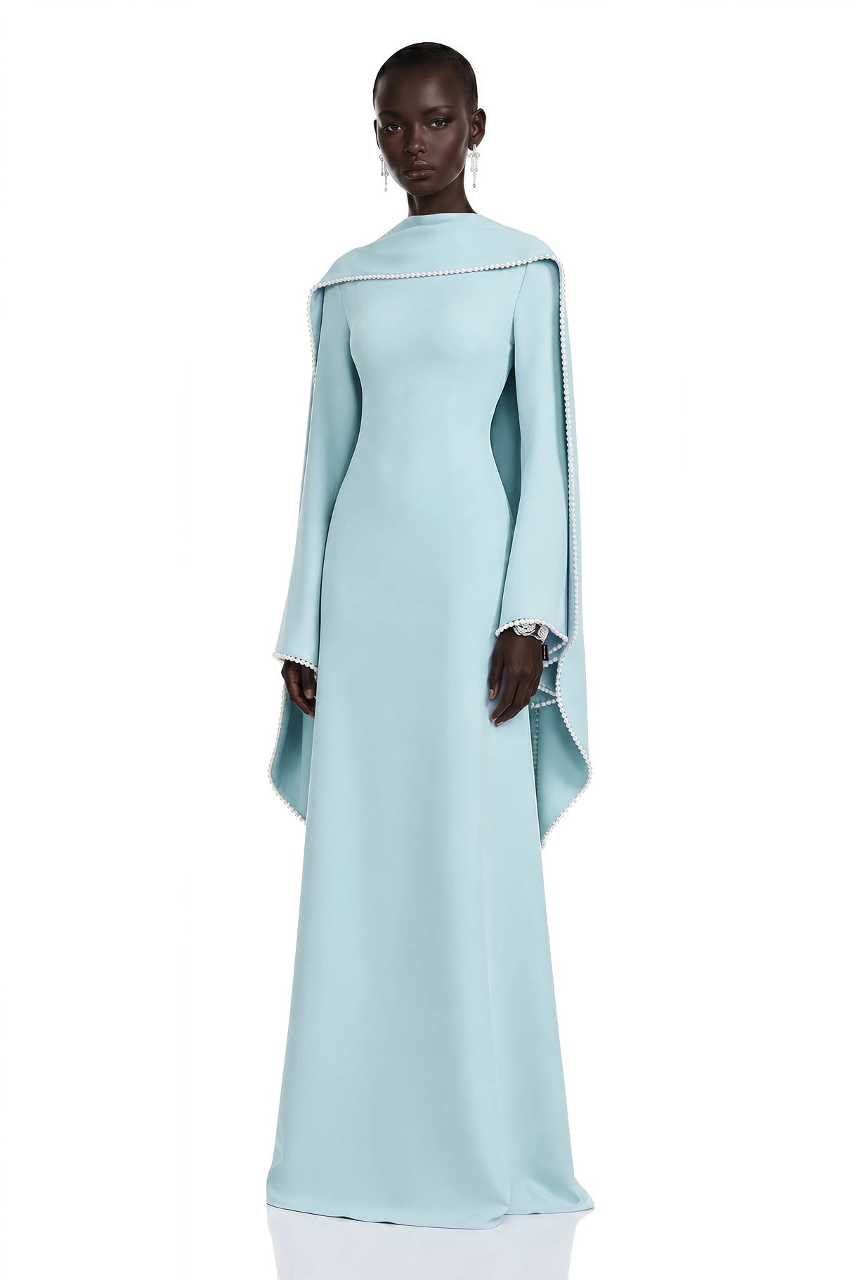 Piroska Blue Pearl Trim Shawl Detail Maxi Dress