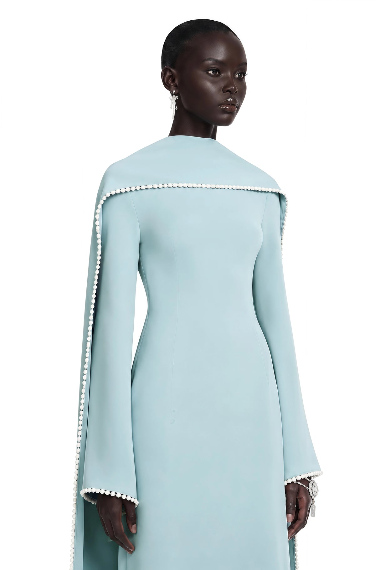 Piroska Blue Pearl Trim Shawl Detail Maxi Dress