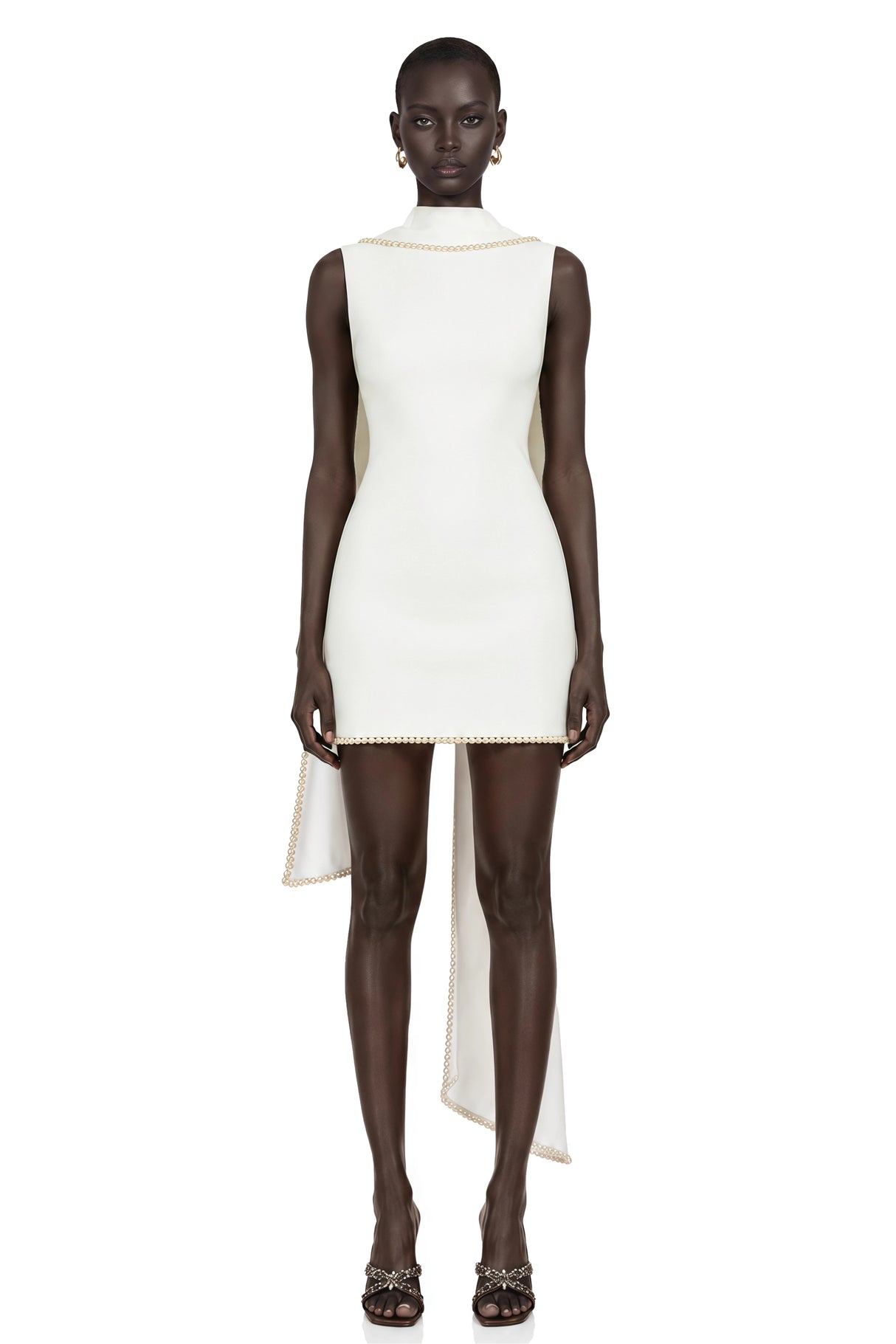 Piroska White Sleeveless Pearl Trim Mini Dress