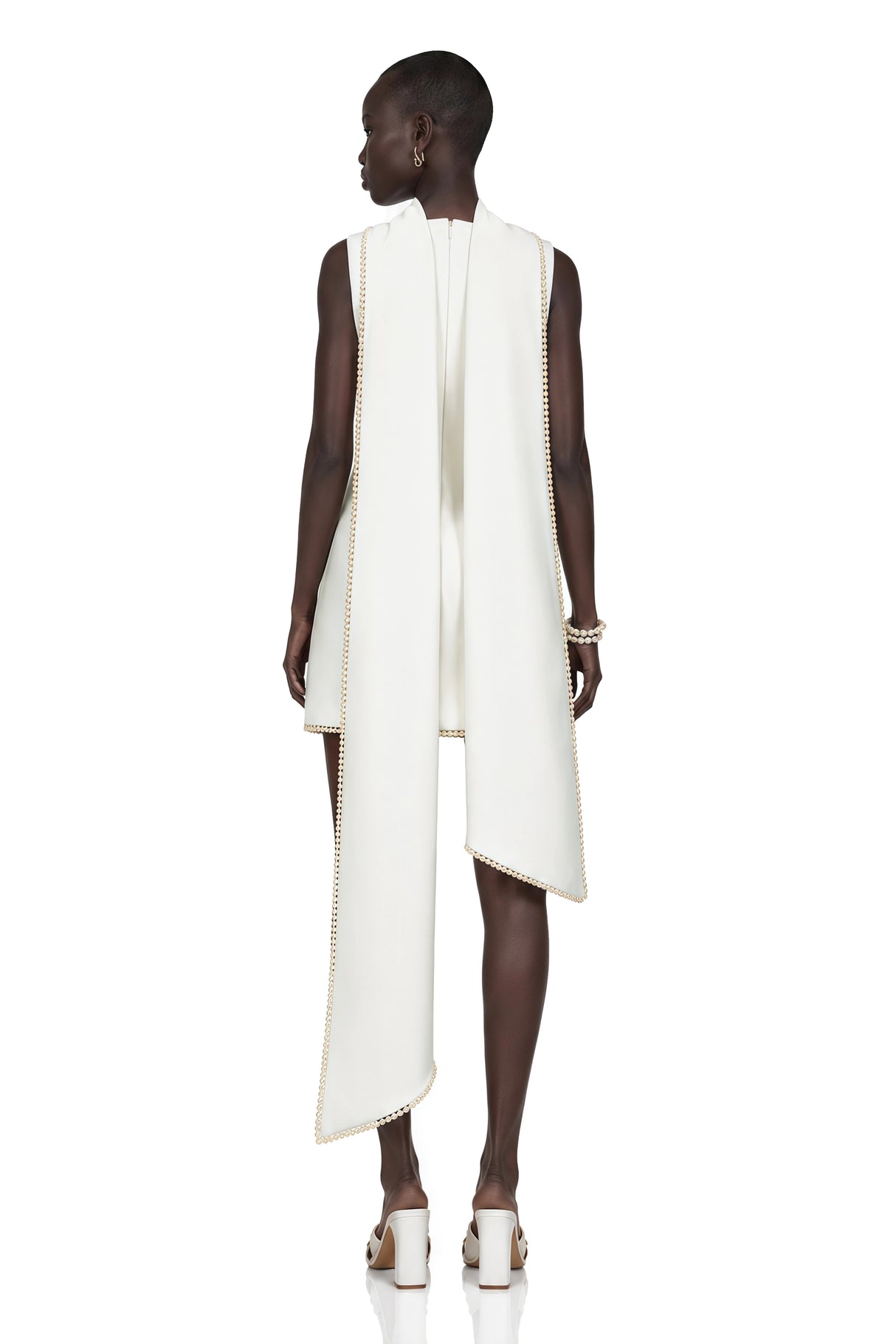 Piroska White Sleeveless Pearl Trim Mini Dress