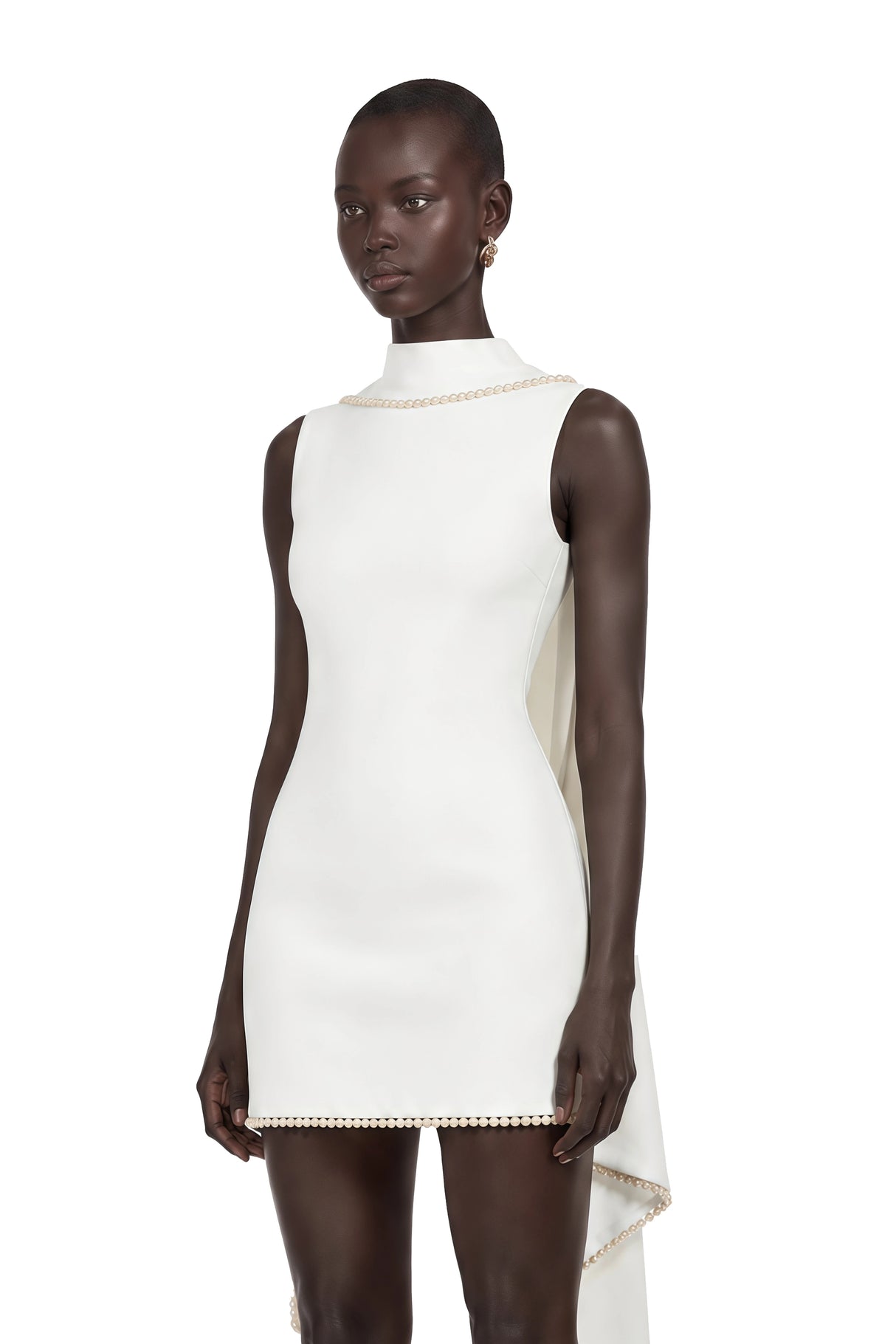 Piroska White Sleeveless Pearl Trim Mini Dress