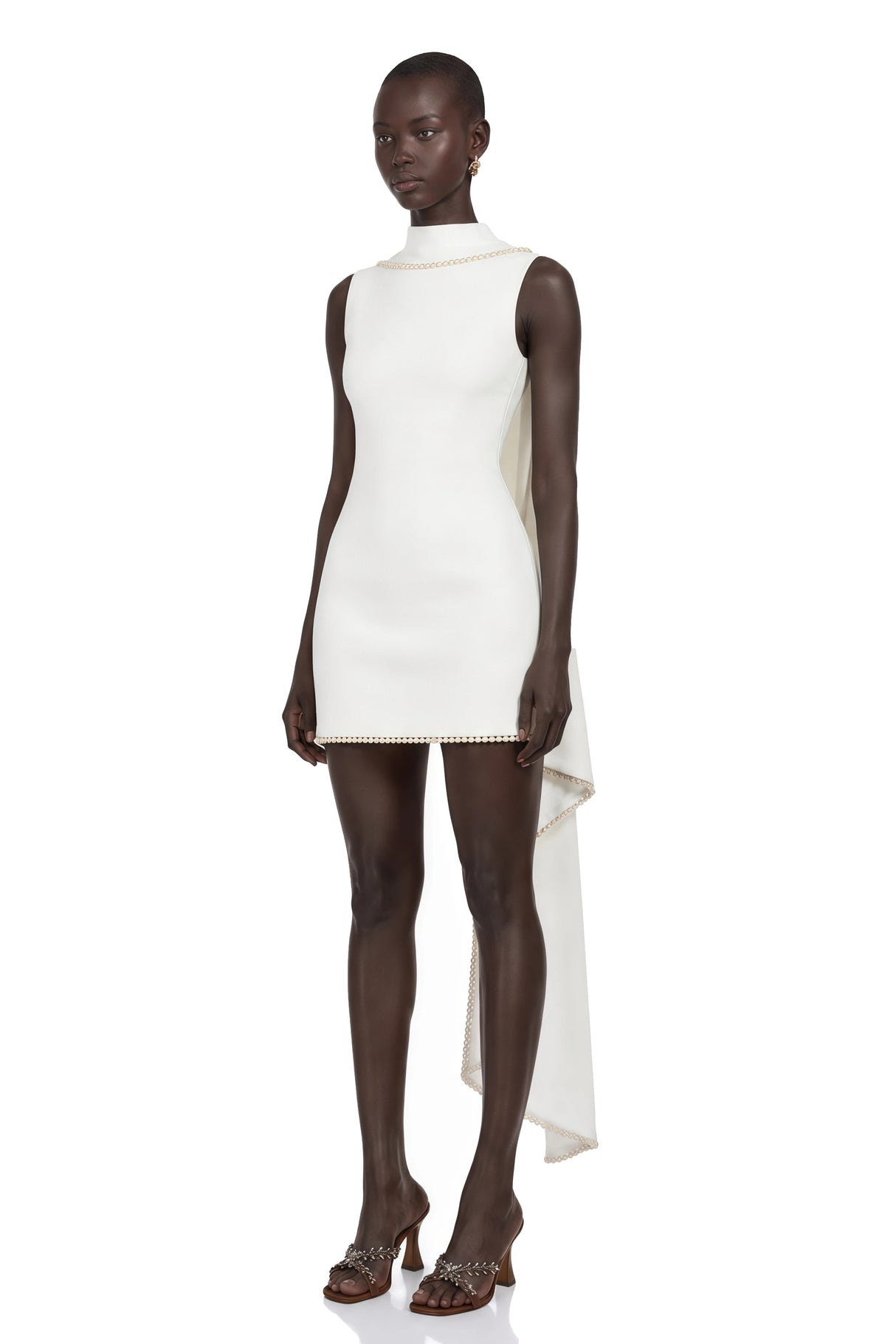 Piroska White Sleeveless Pearl Trim Mini Dress