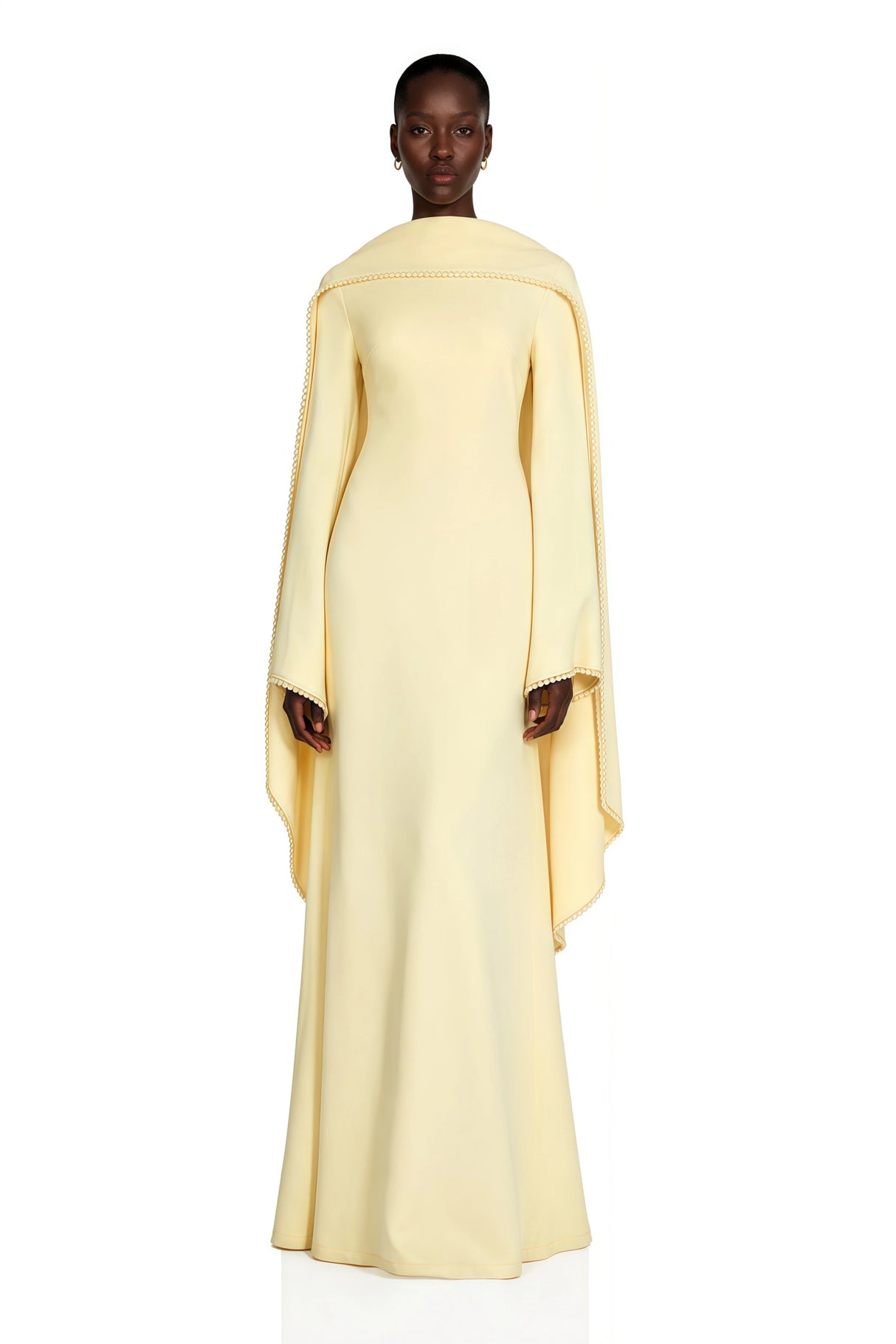 Piroska Yellow Pearl Trim Shawl Detail Maxi Dress