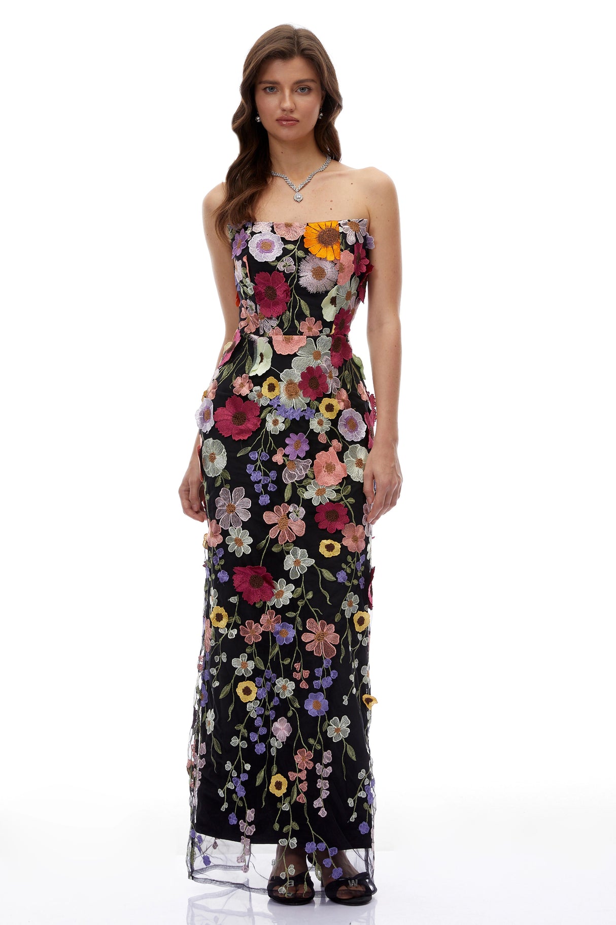 Poppy Black Strapless Maxi Dress with 3D Florals