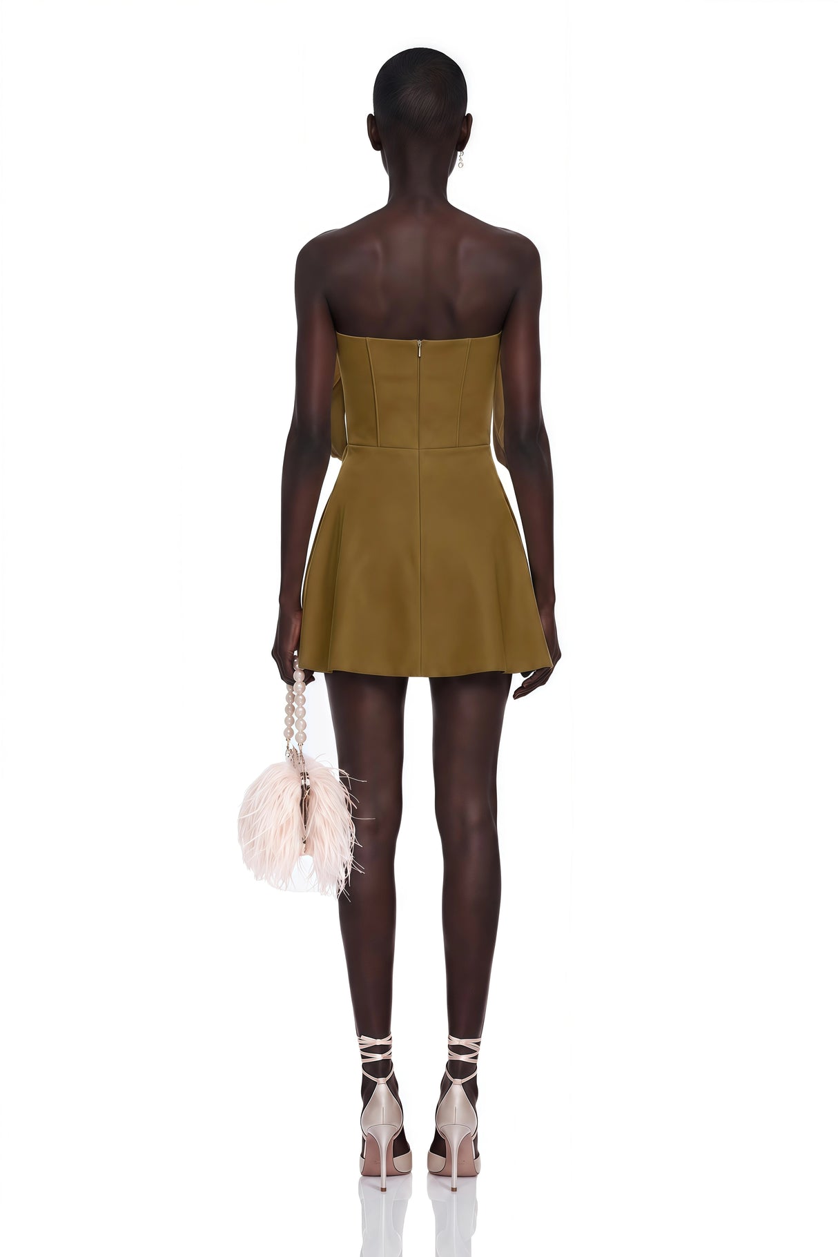 Prune Olive Green Ruched Mini Dress with Metal Hardware