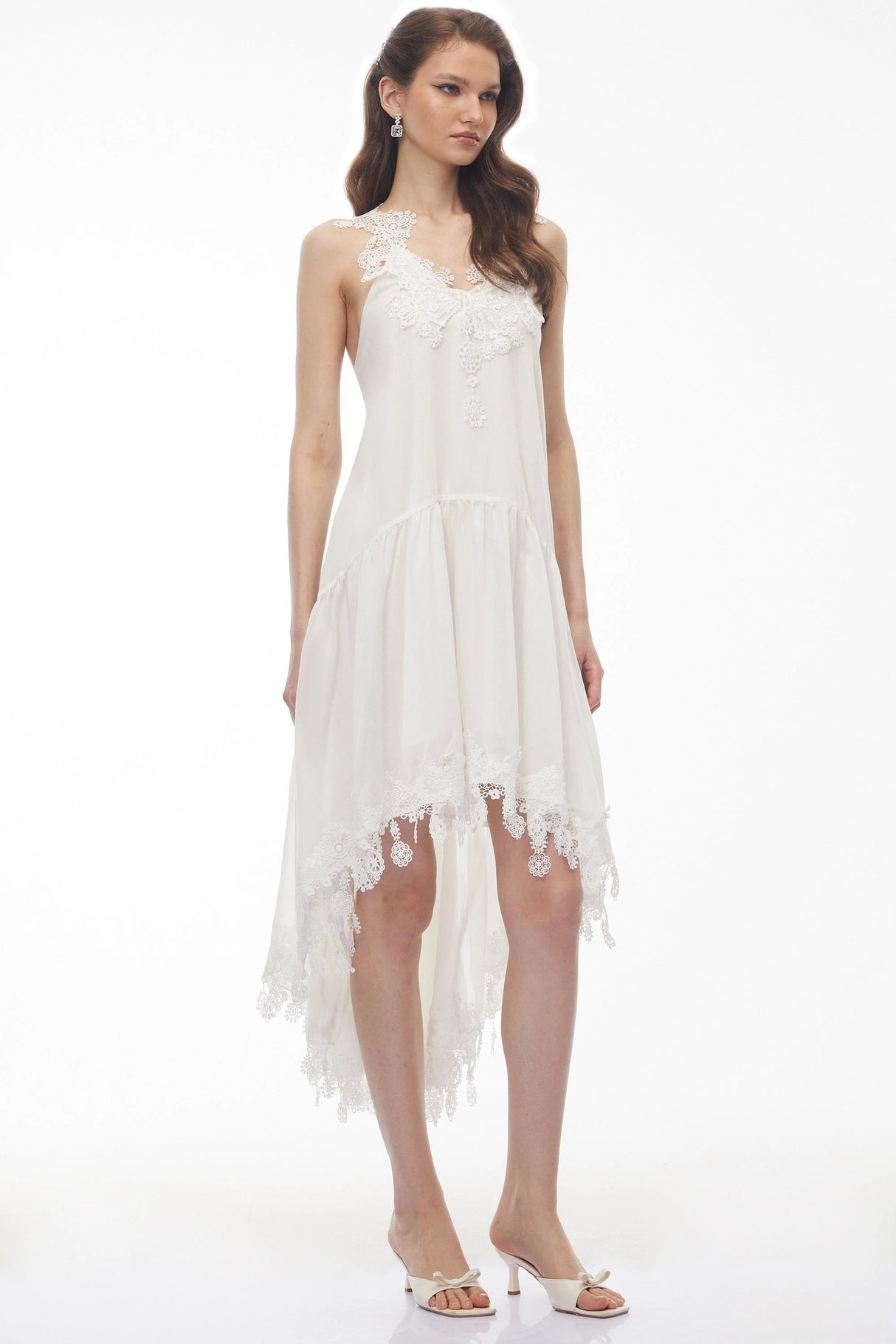 Qadesh White Floral Lace Sleeveless Midi Dress
